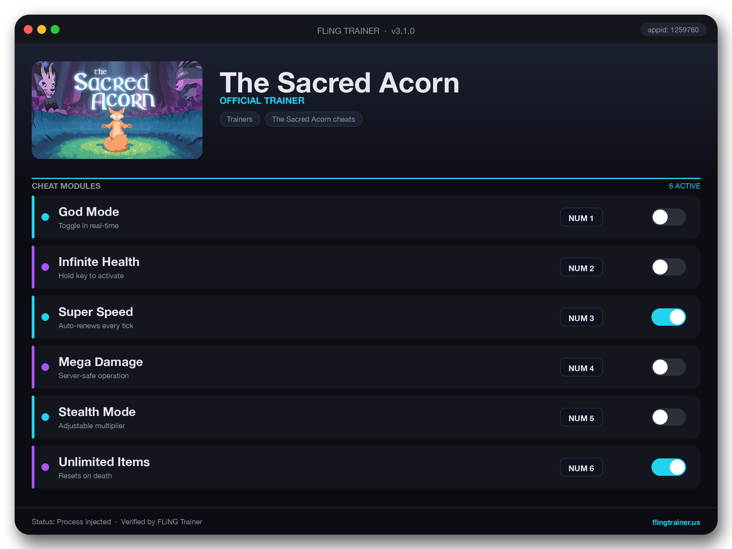 The Sacred Acorn Trainer interface