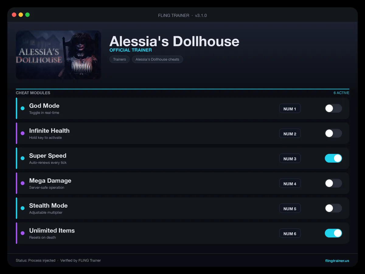 Alessia's Dollhouse Trainer interface
