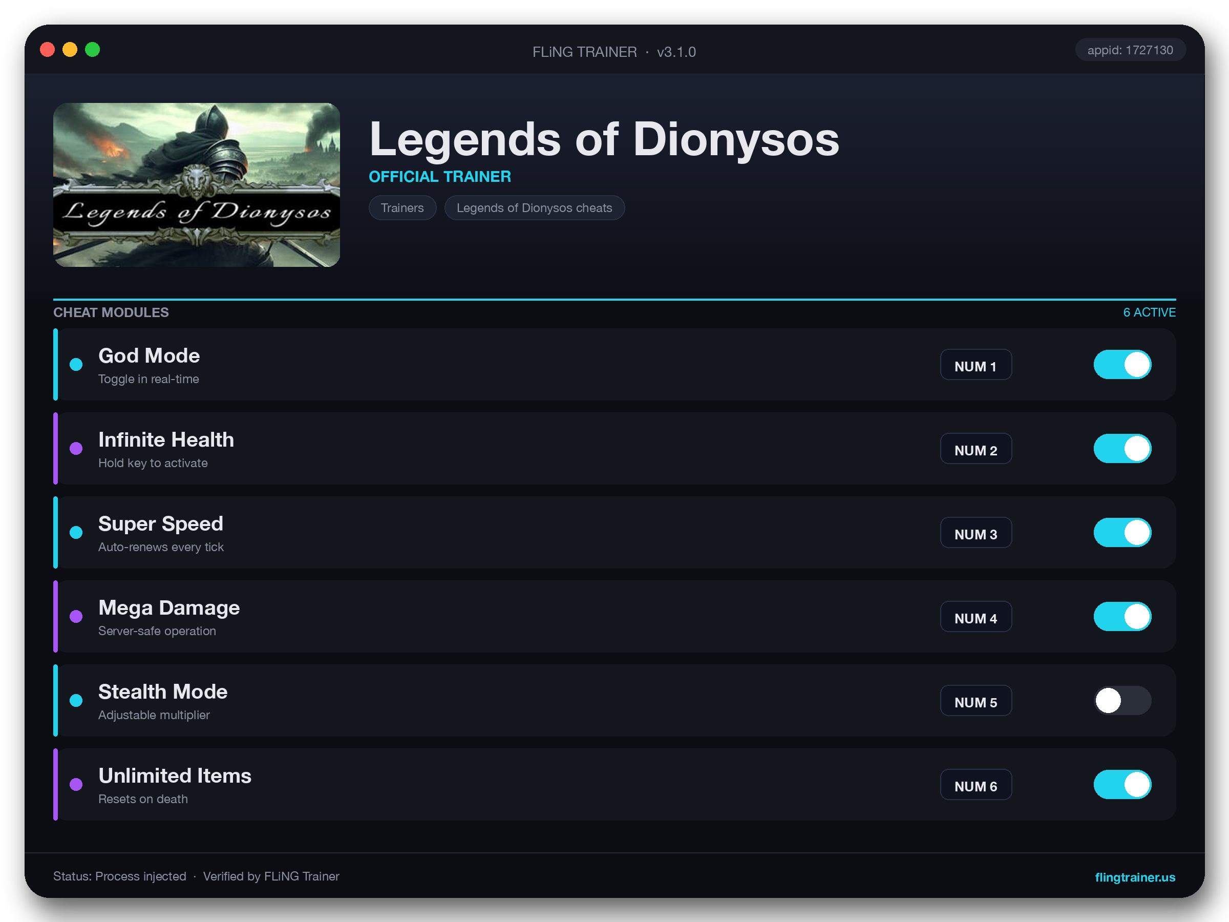 Legends of Dionysos Trainer interface