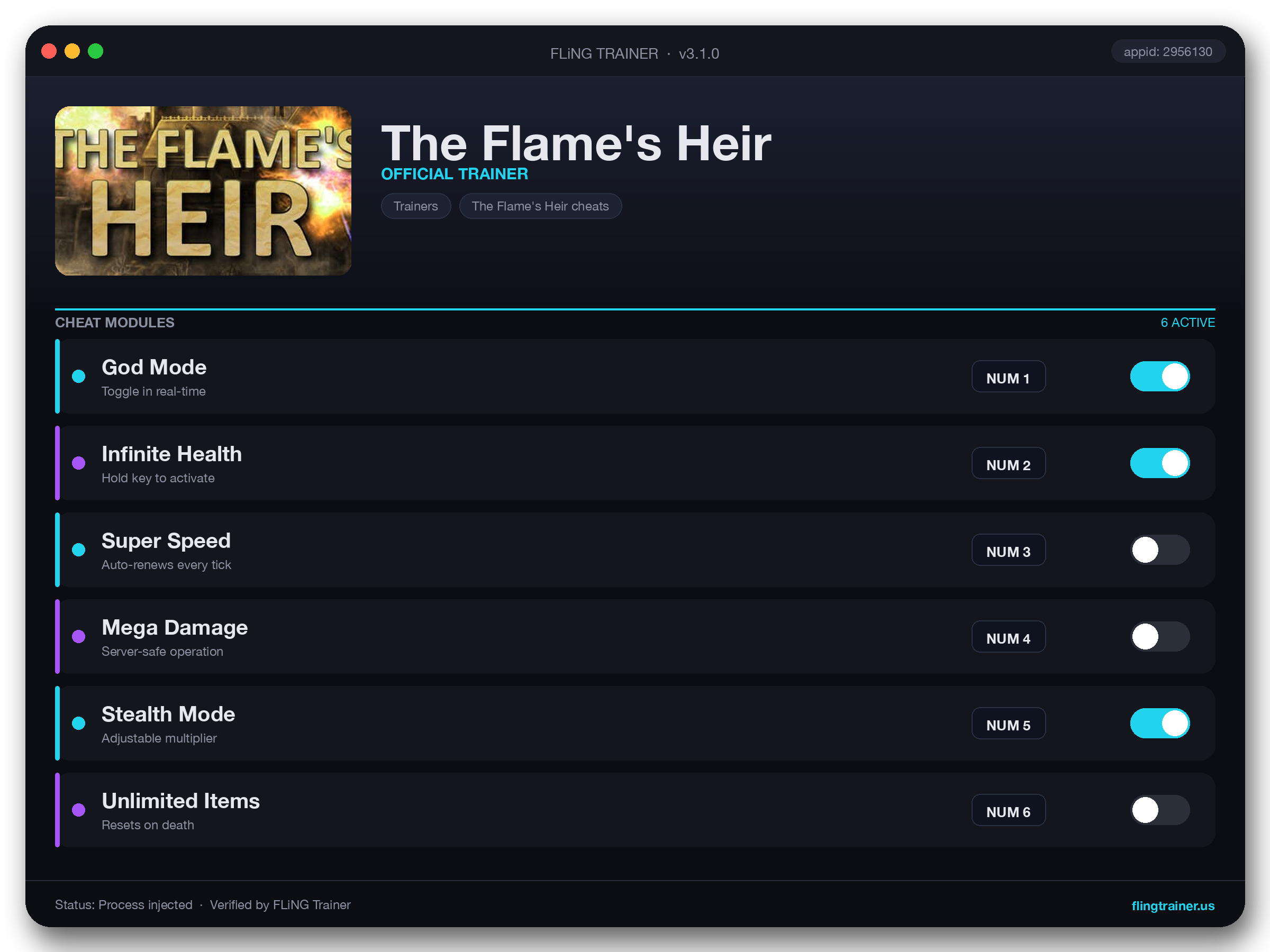 The Flame's Heir Trainer interface