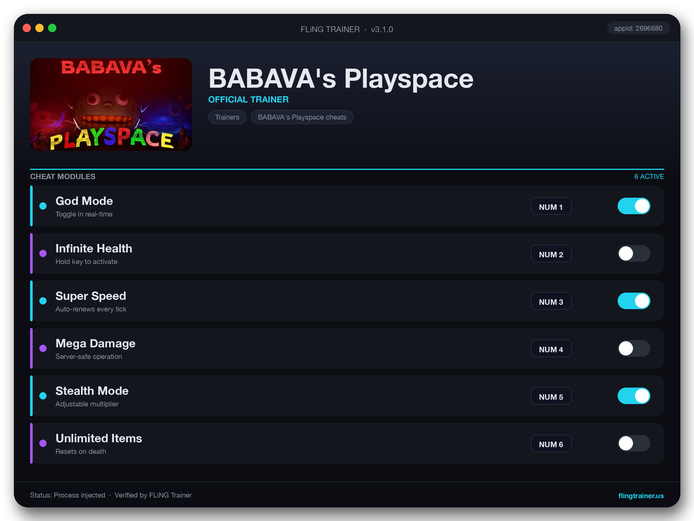 BABAVA's Playspace Trainer interface