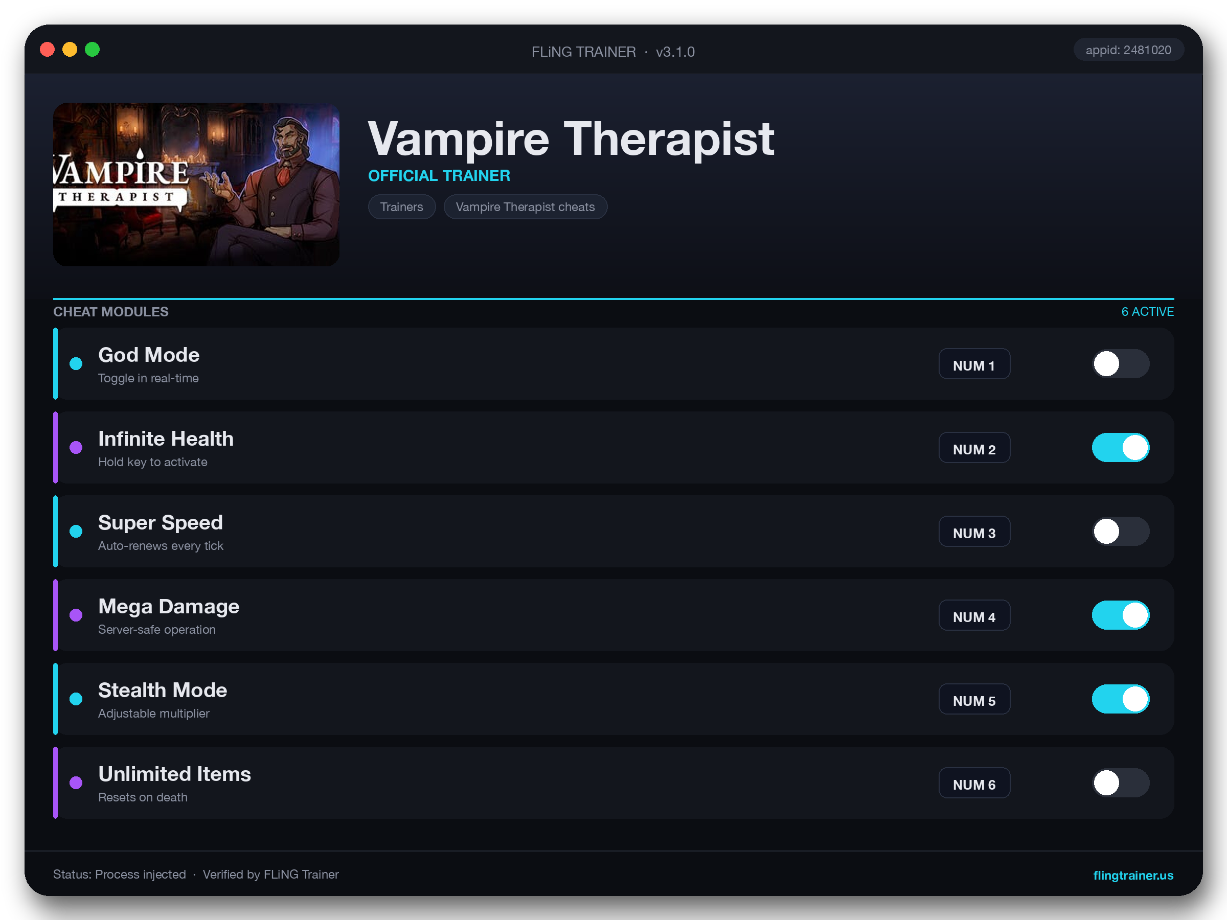 Vampire Therapist Trainer interface