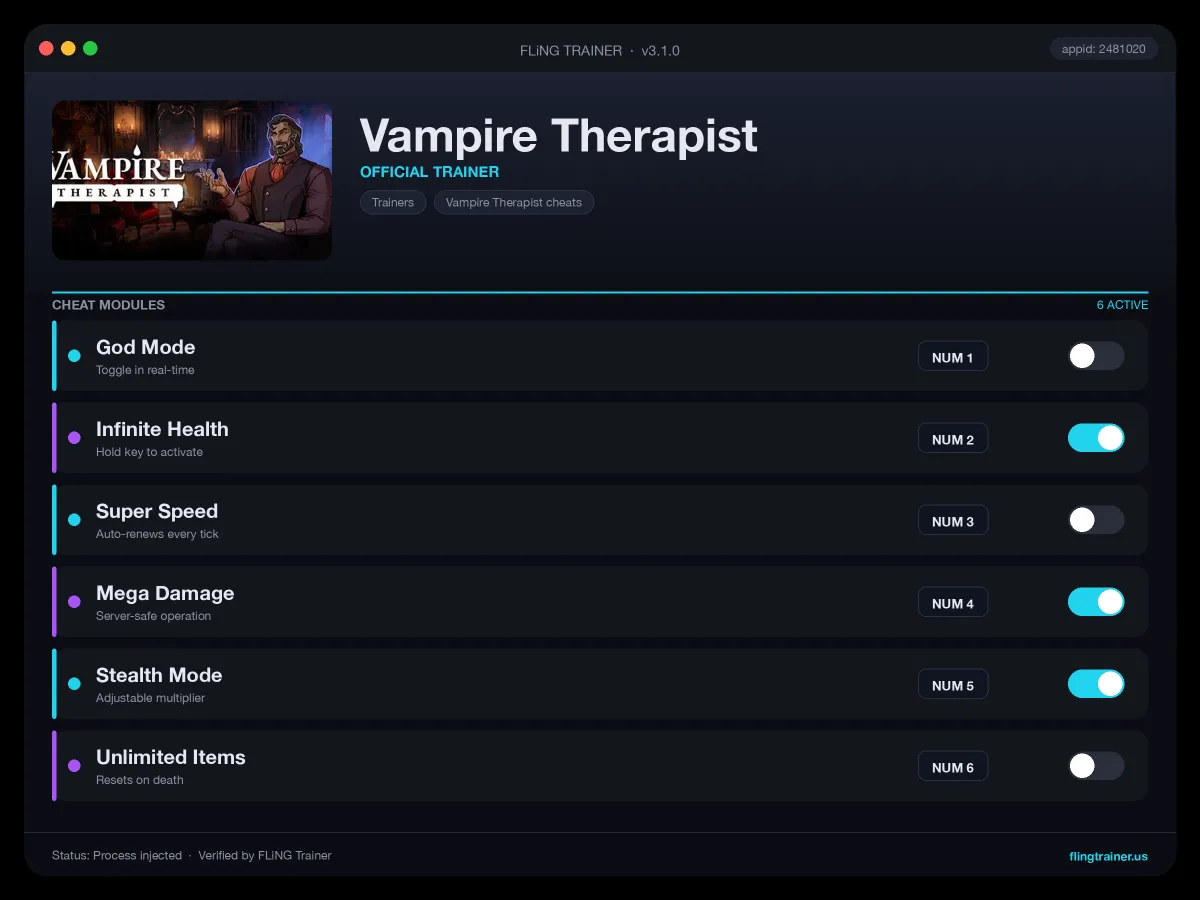 Vampire Therapist Trainer interface