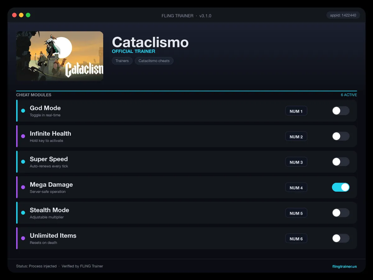 Cataclismo Trainer interface