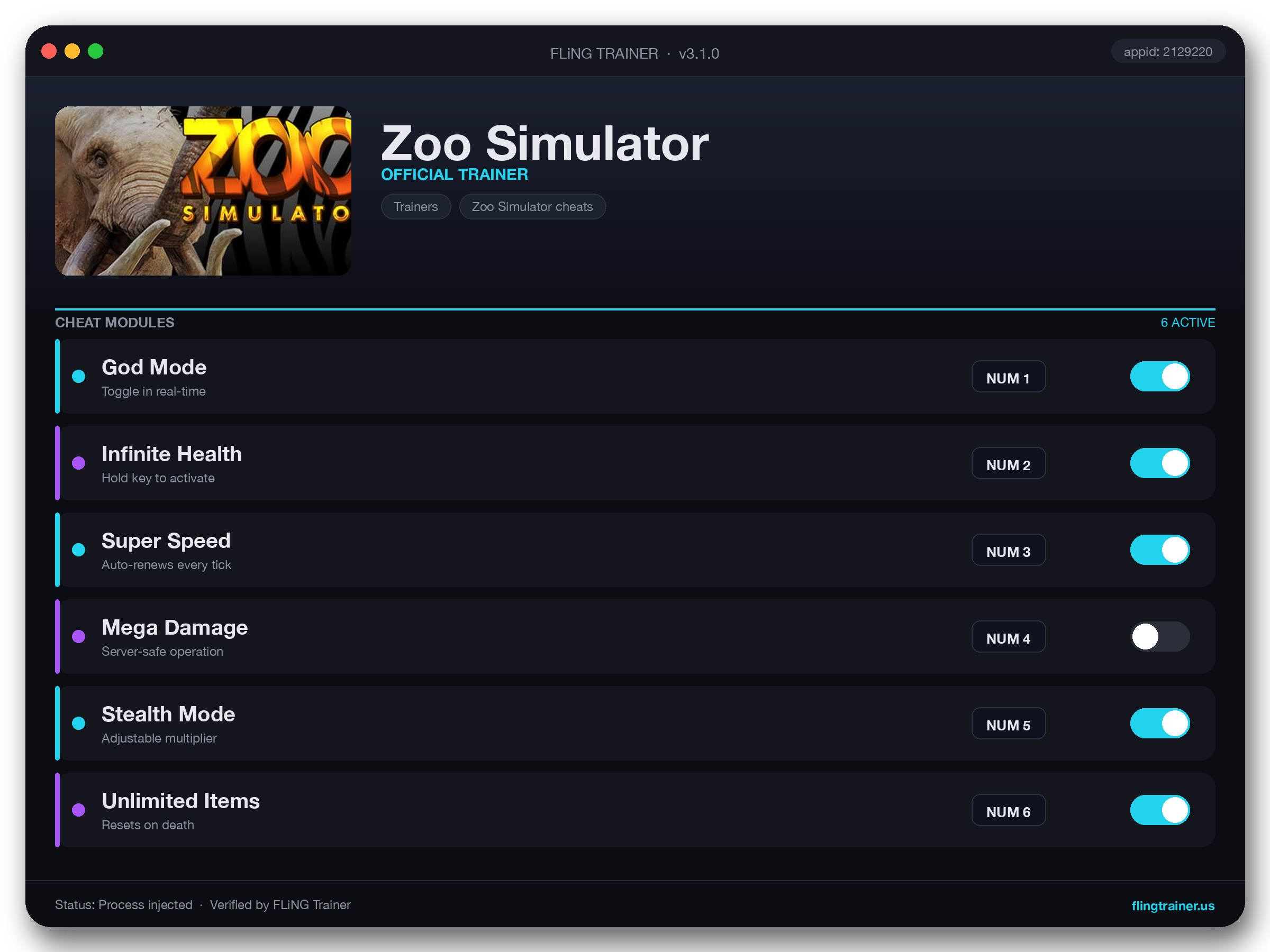 Zoo Simulator Trainer interface