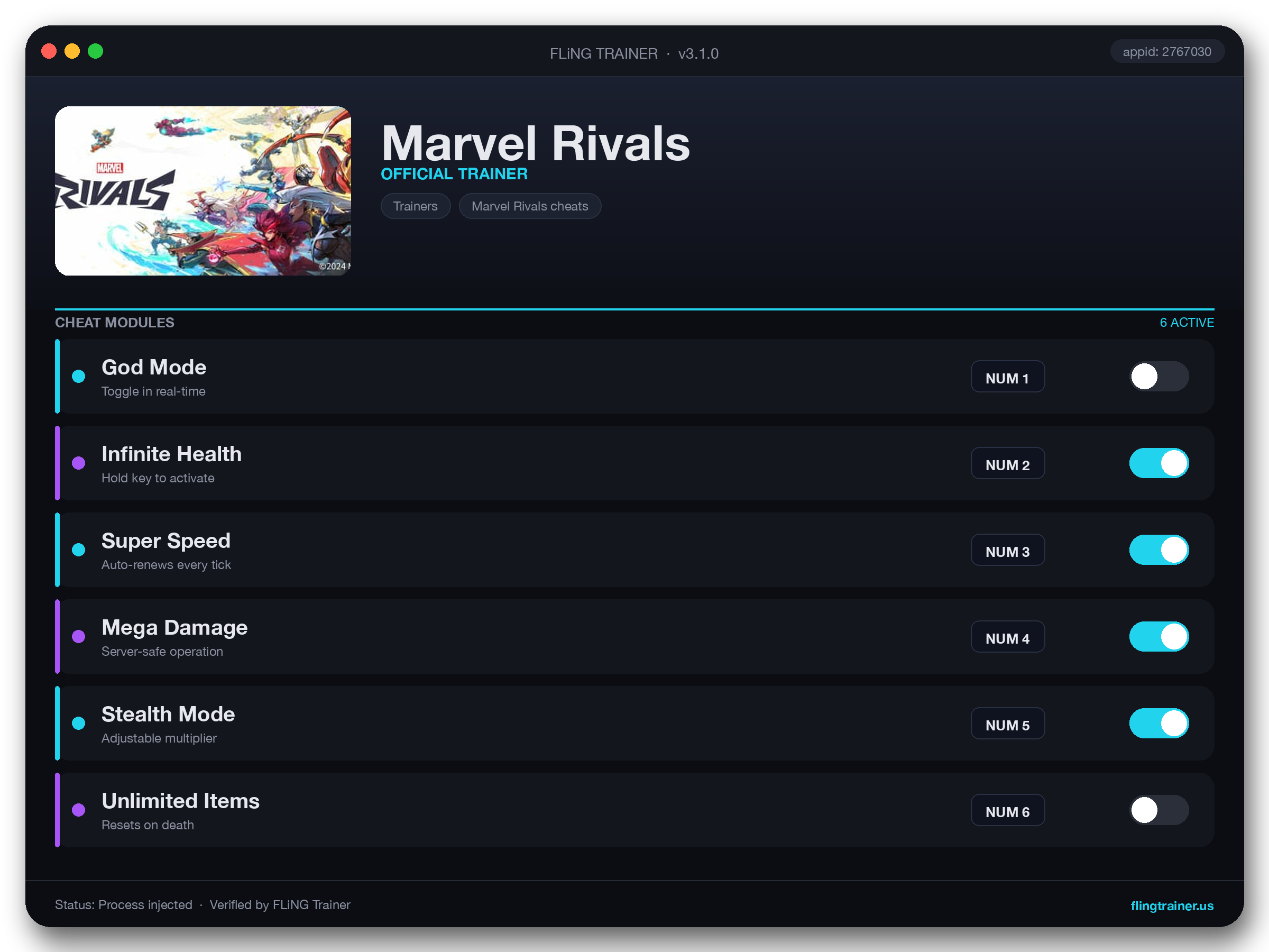 Marvel Rivals Trainer interface