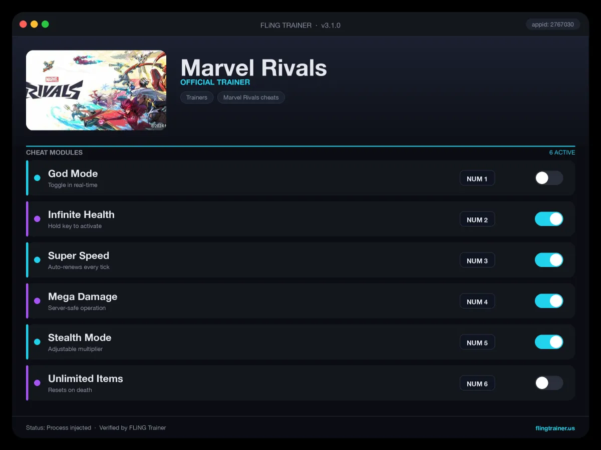 Marvel Rivals Trainer interface