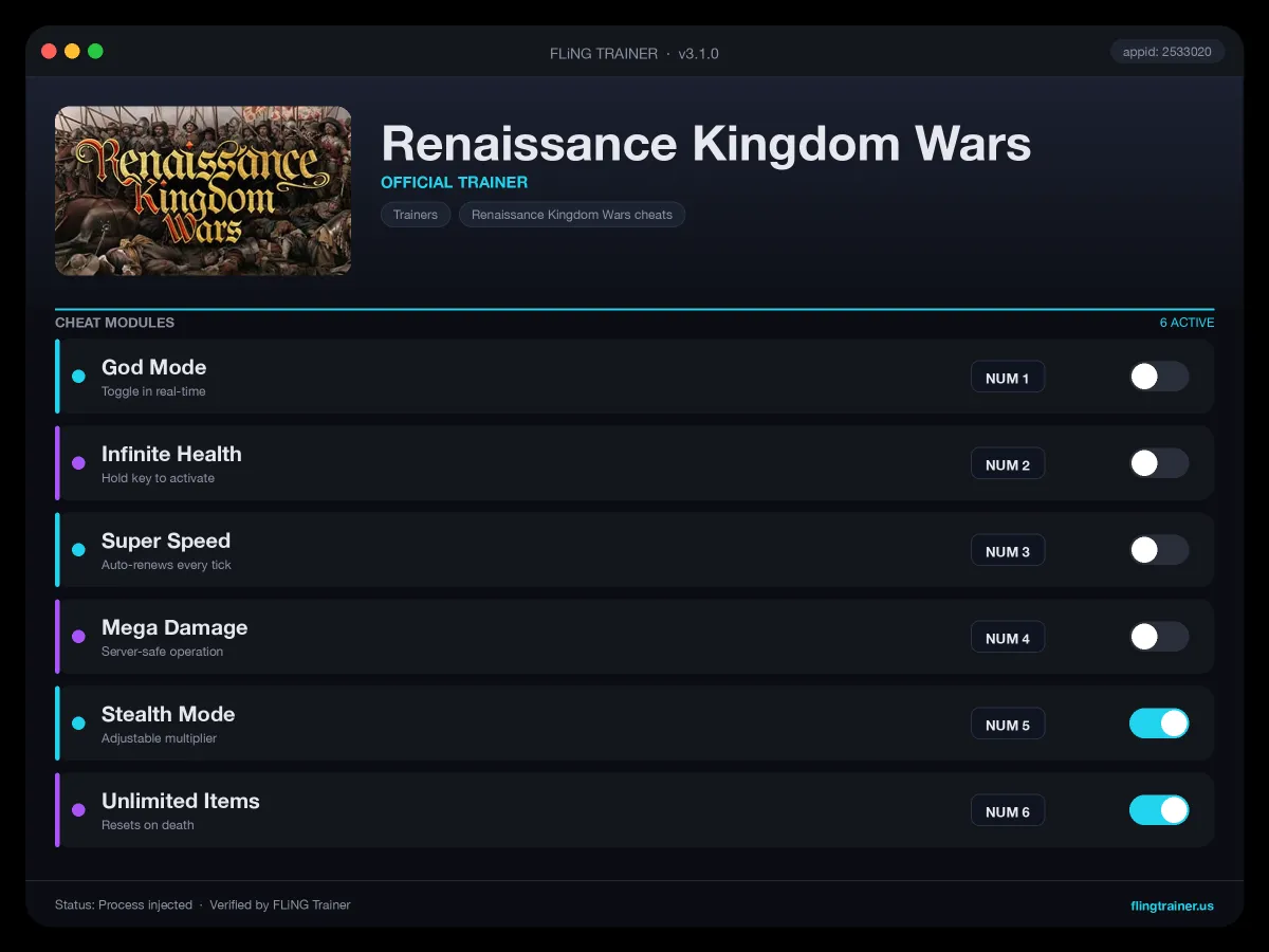 Renaissance Kingdom Wars Trainer interface