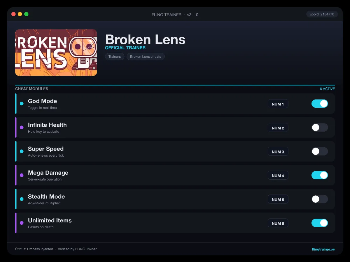 Broken Lens Trainer interface