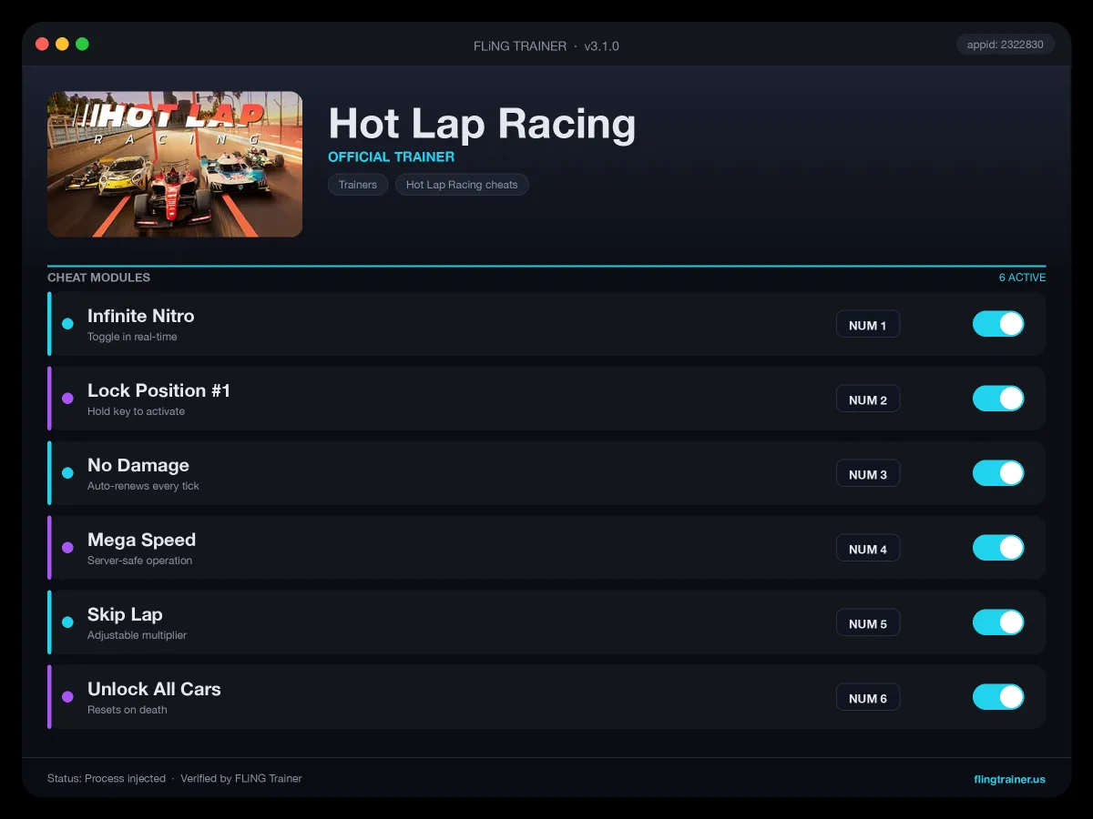 Hot Lap Racing Trainer interface
