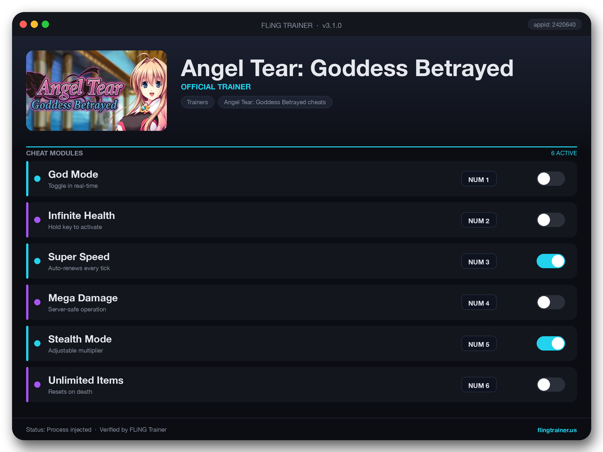 Angel Tear: Goddess Betrayed Trainer interface