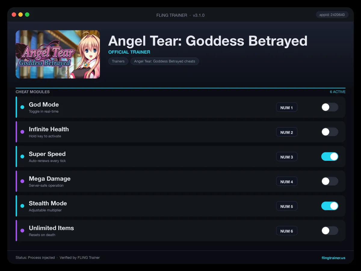Angel Tear: Goddess Betrayed Trainer interface