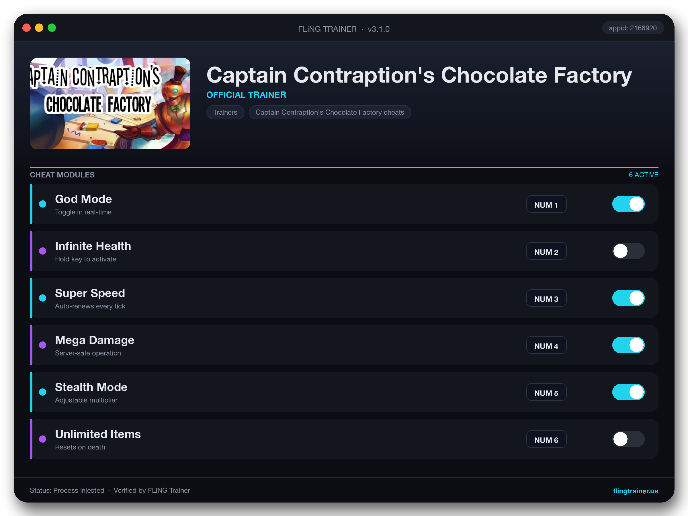 Captain Contraption's Chocolate Factory Trainer interface