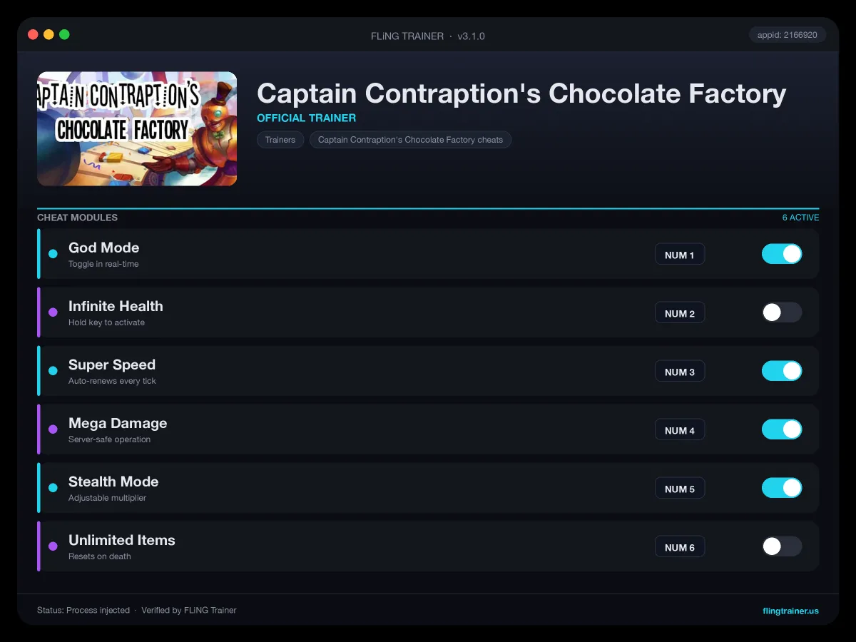 Captain Contraption's Chocolate Factory Trainer interface
