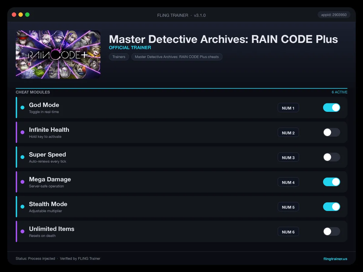 Master Detective Archives: RAIN CODE Plus Trainer interface