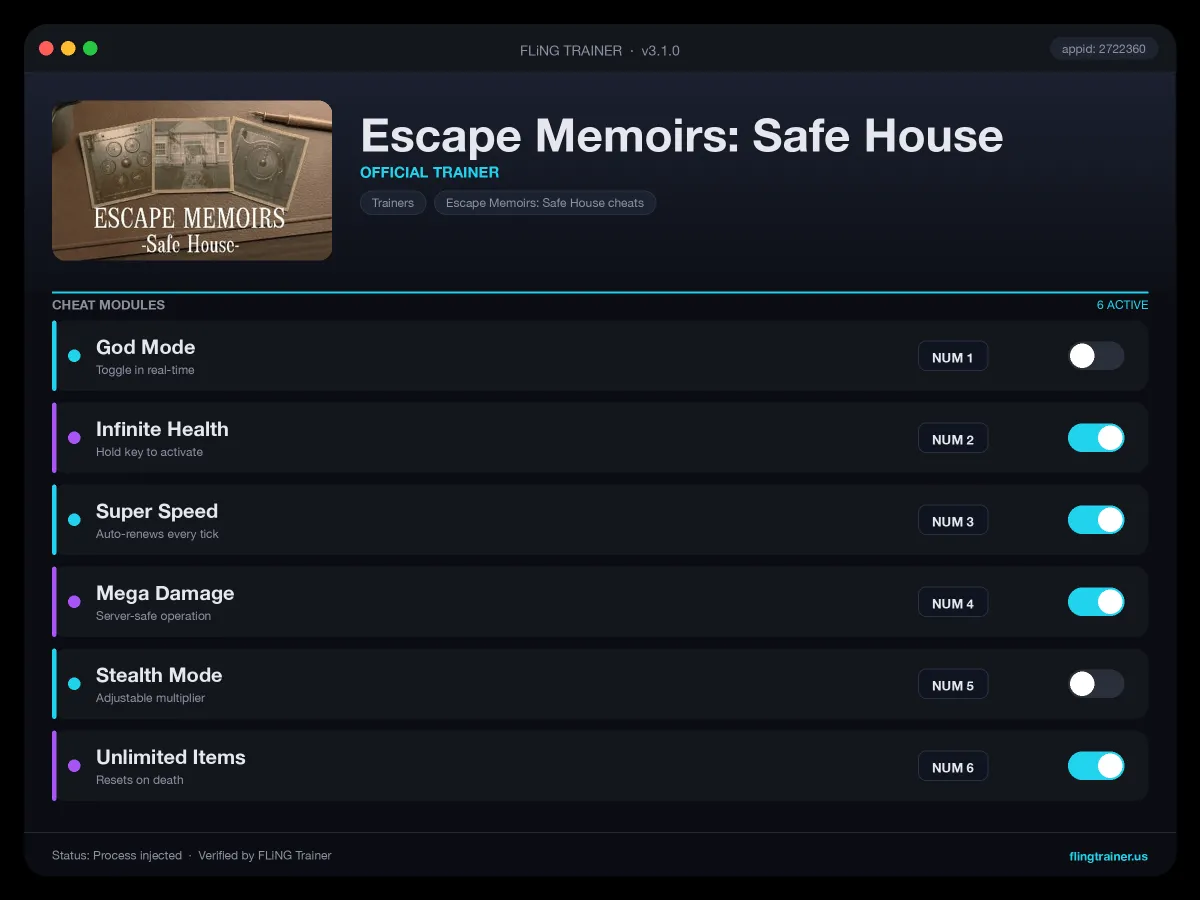 Escape Memoirs: Safe House Trainer interface
