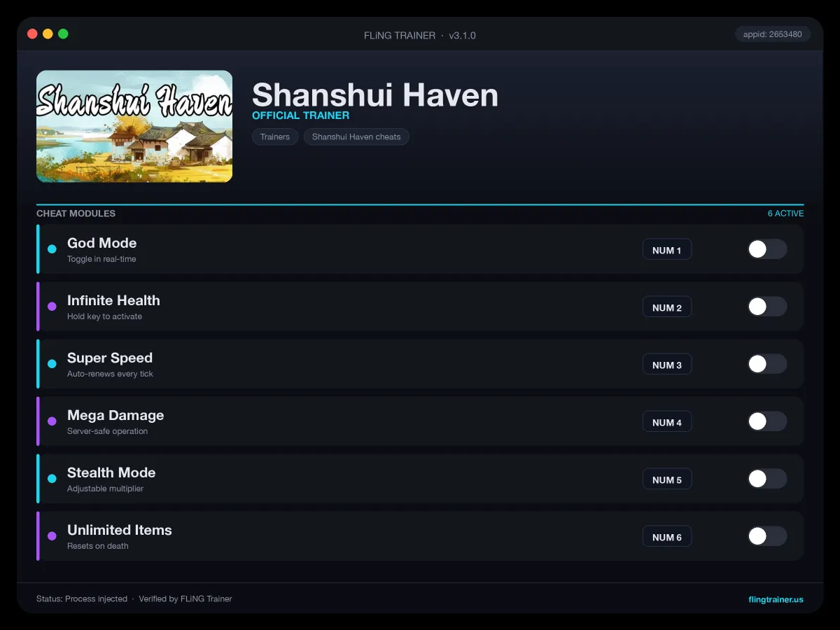 Shanshui Haven Trainer interface
