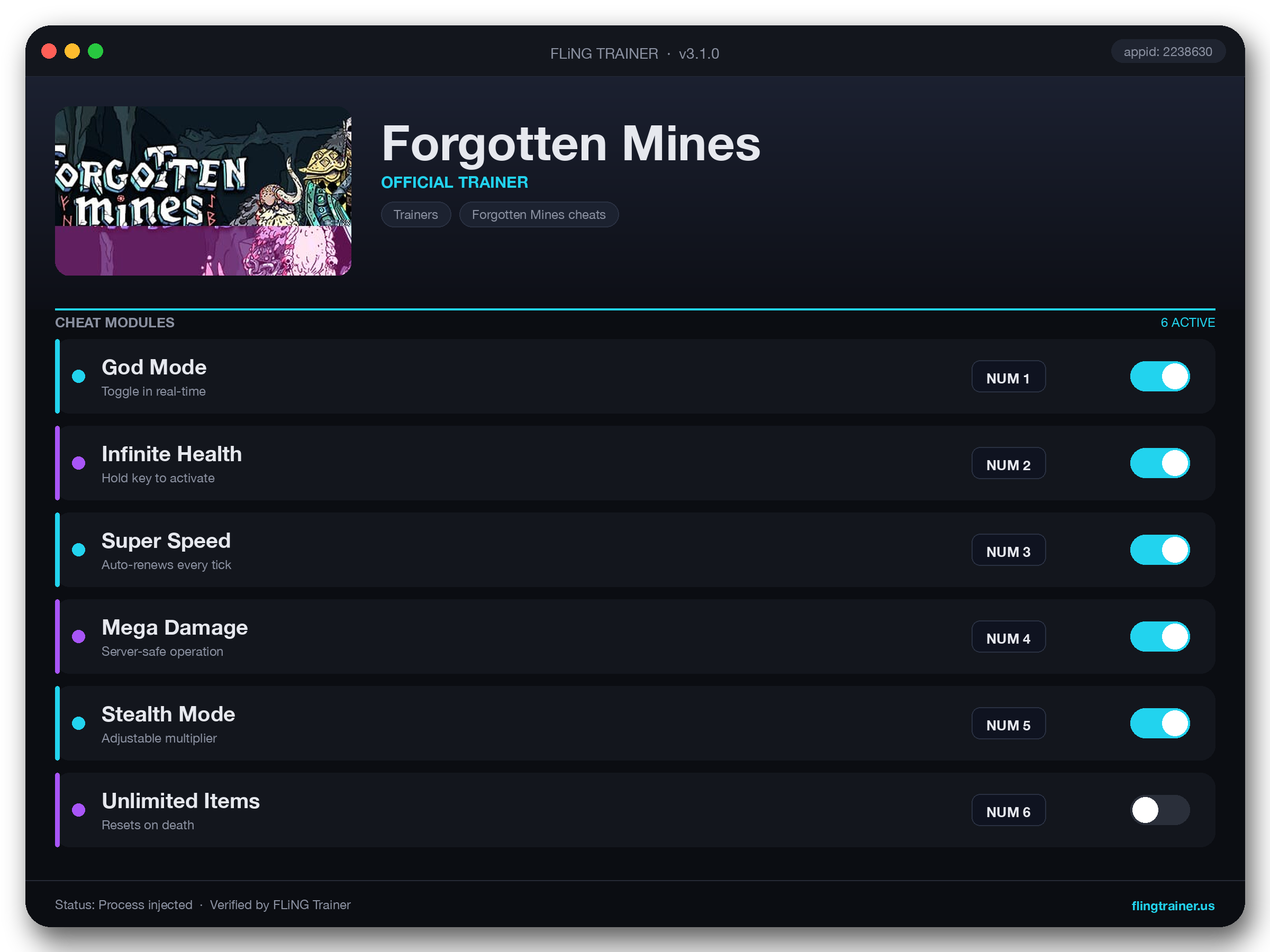 Forgotten Mines Trainer interface