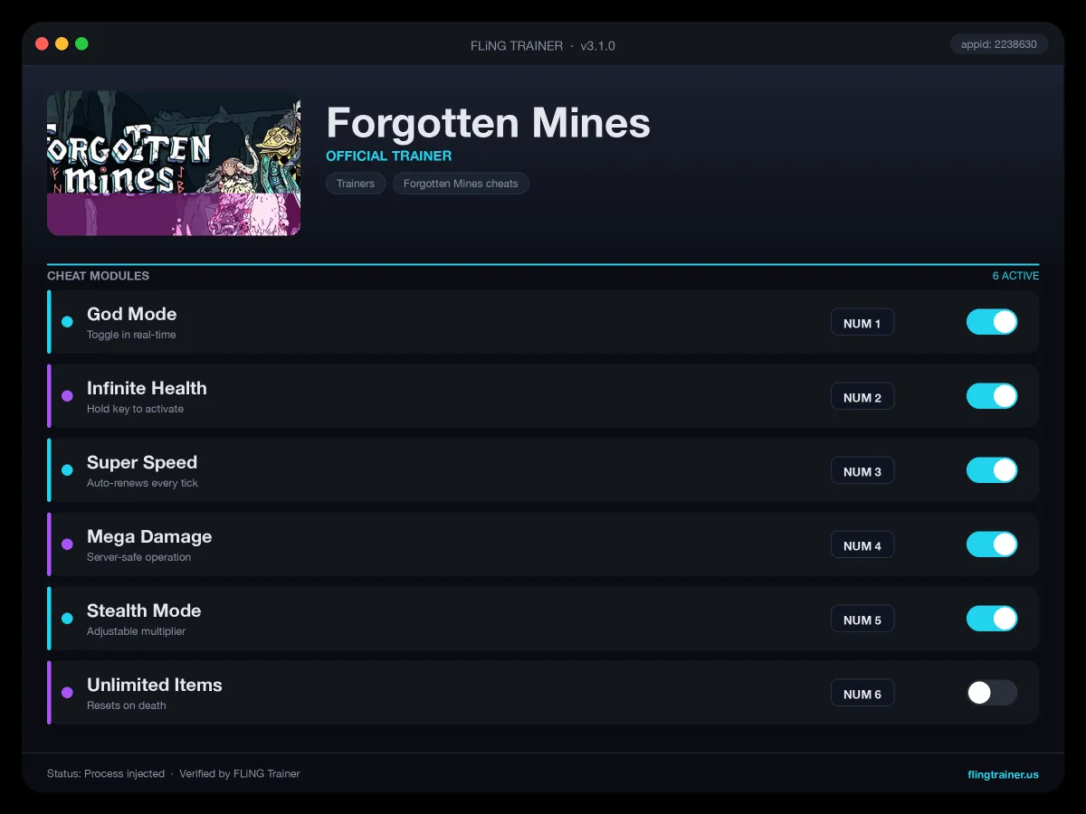 Forgotten Mines Trainer interface