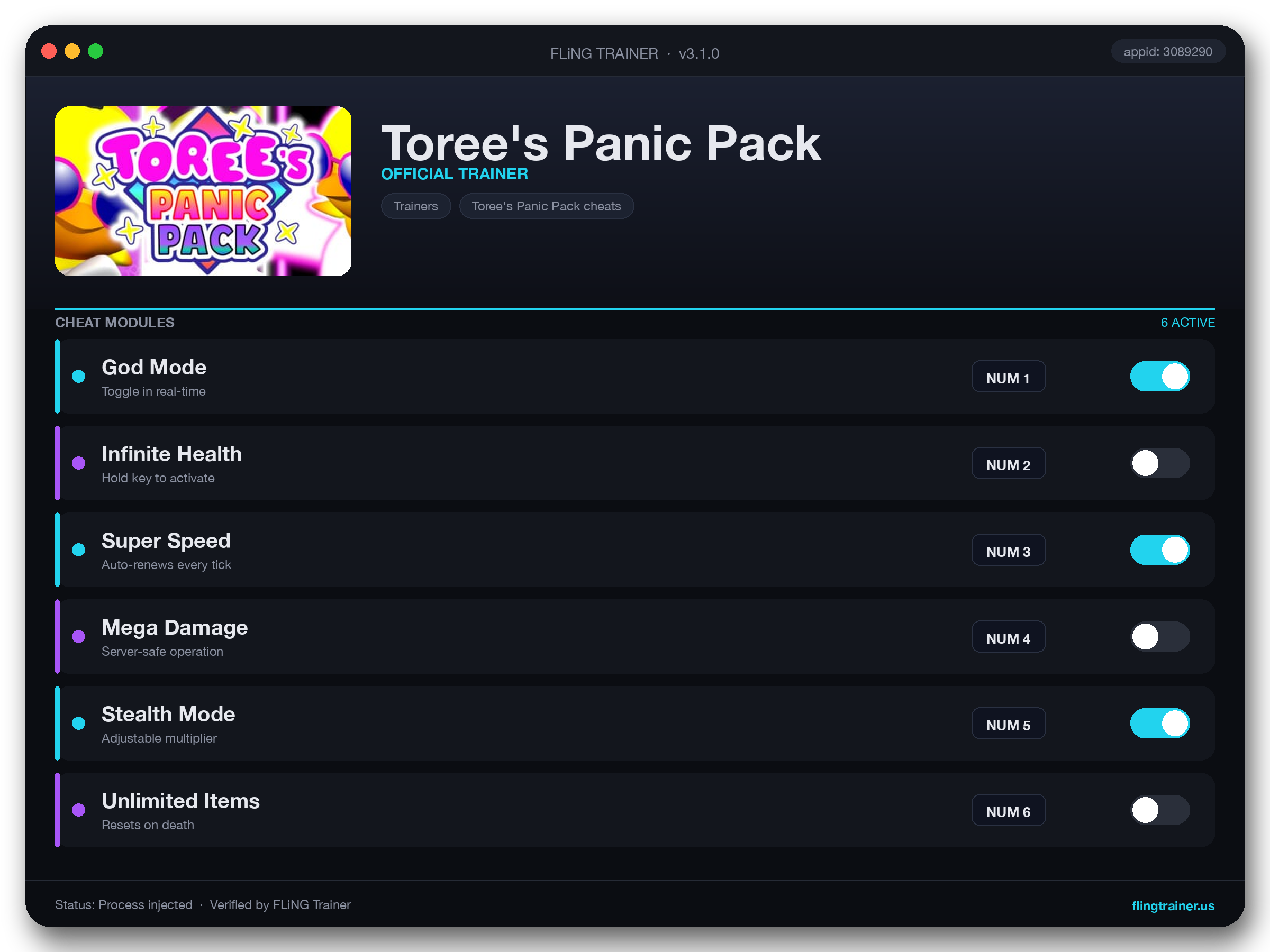Toree's Panic Pack Trainer interface