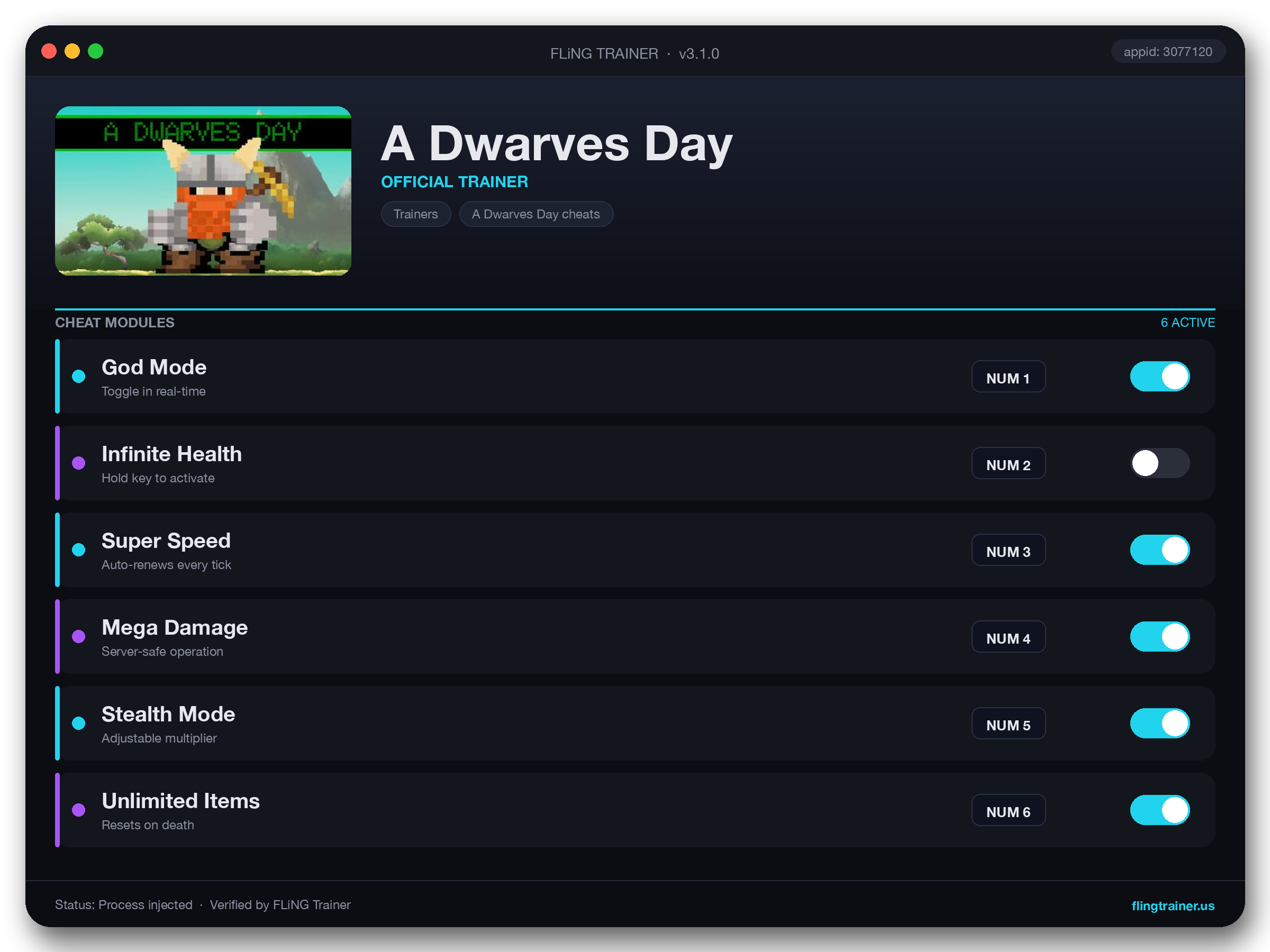A Dwarves Day Trainer interface