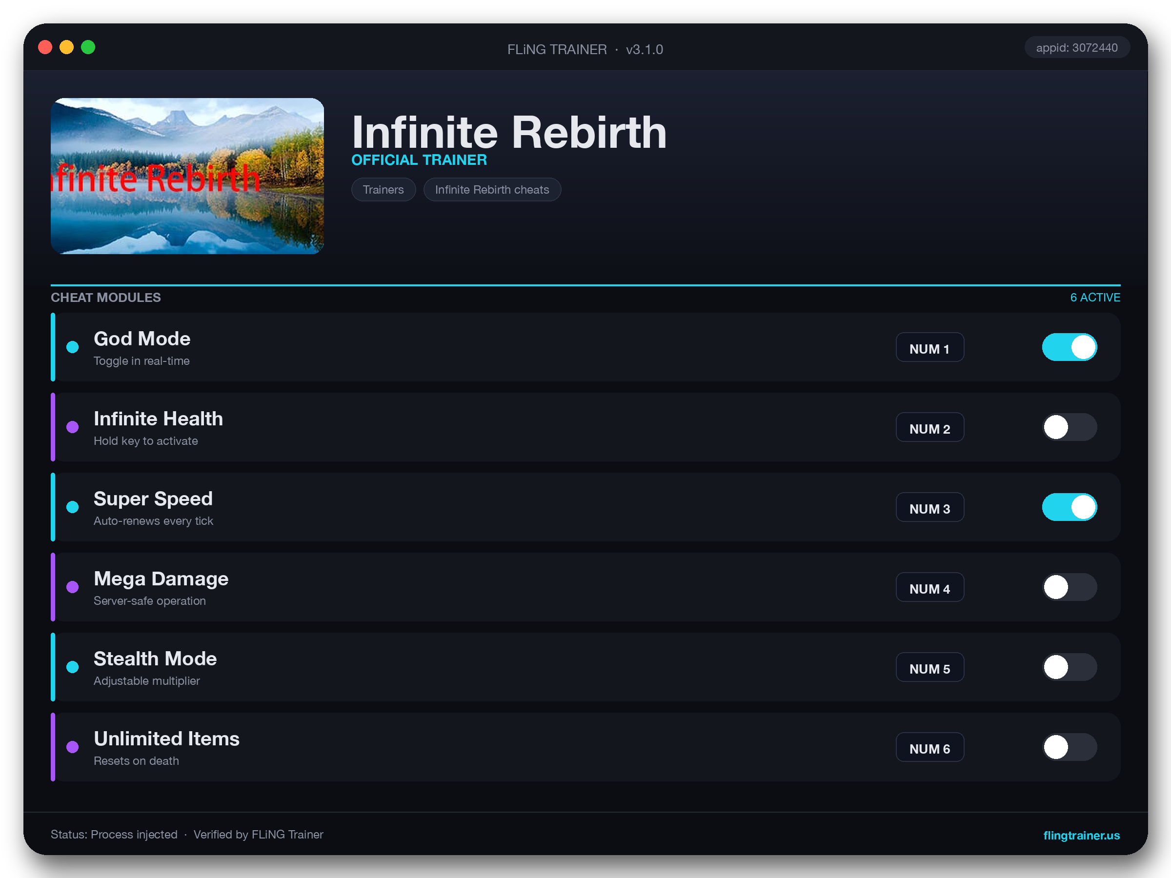 Infinite Rebirth Trainer interface