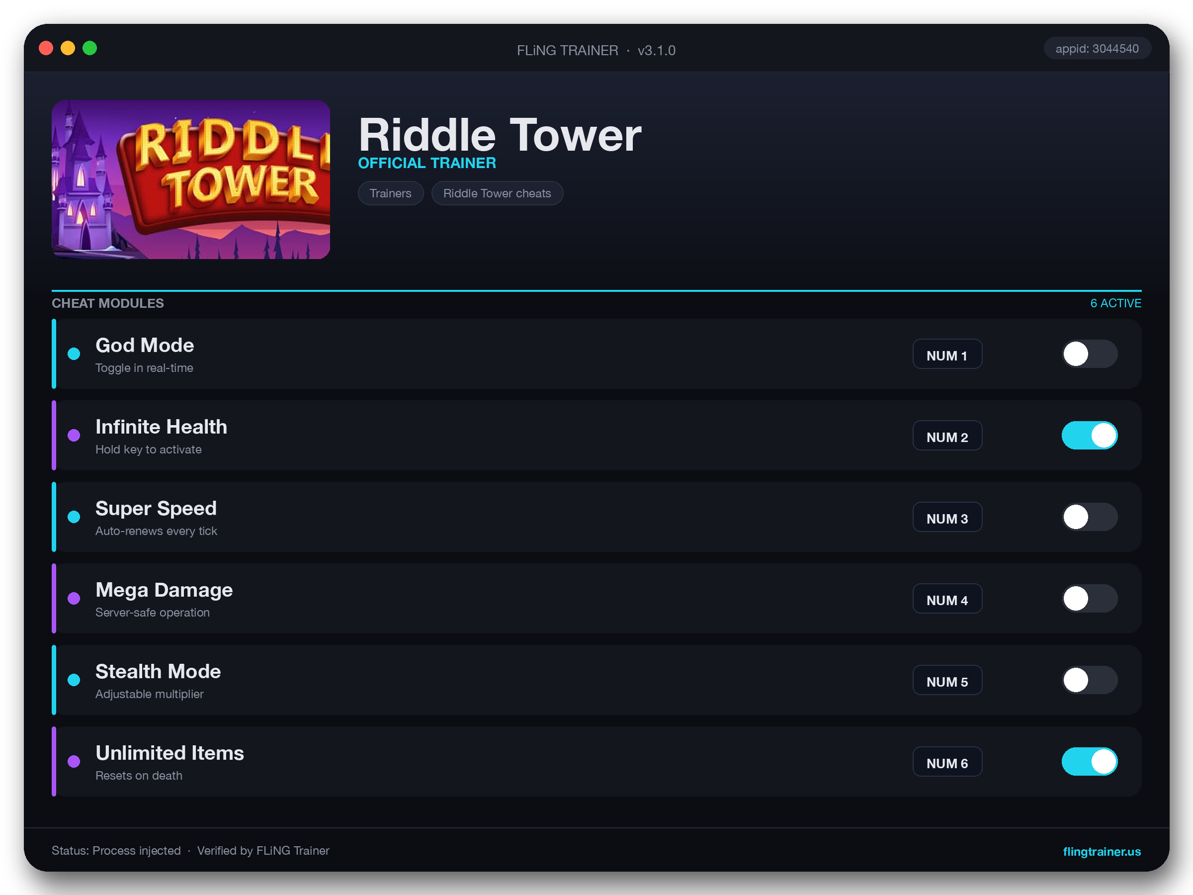 Riddle Tower Trainer interface