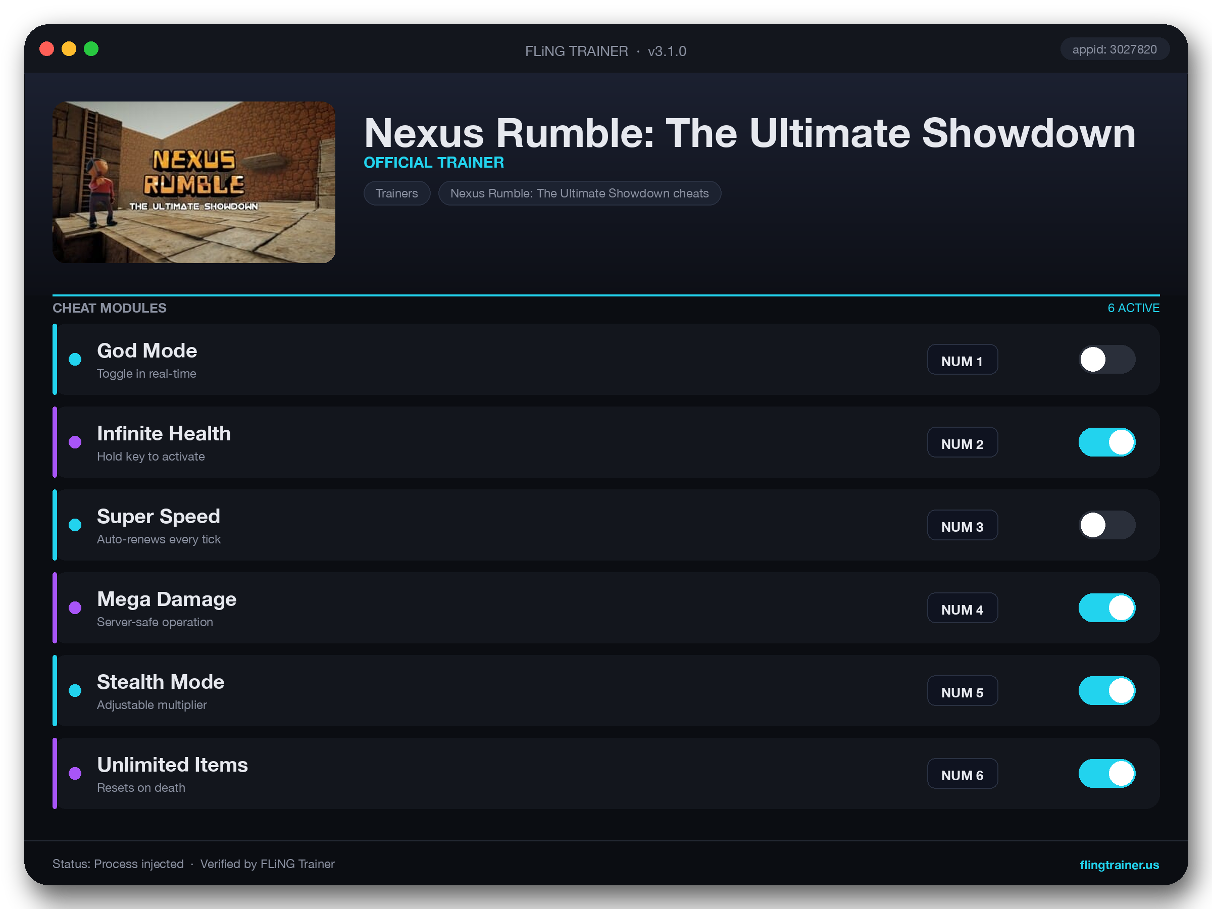 Nexus Rumble: The Ultimate Showdown Trainer interface