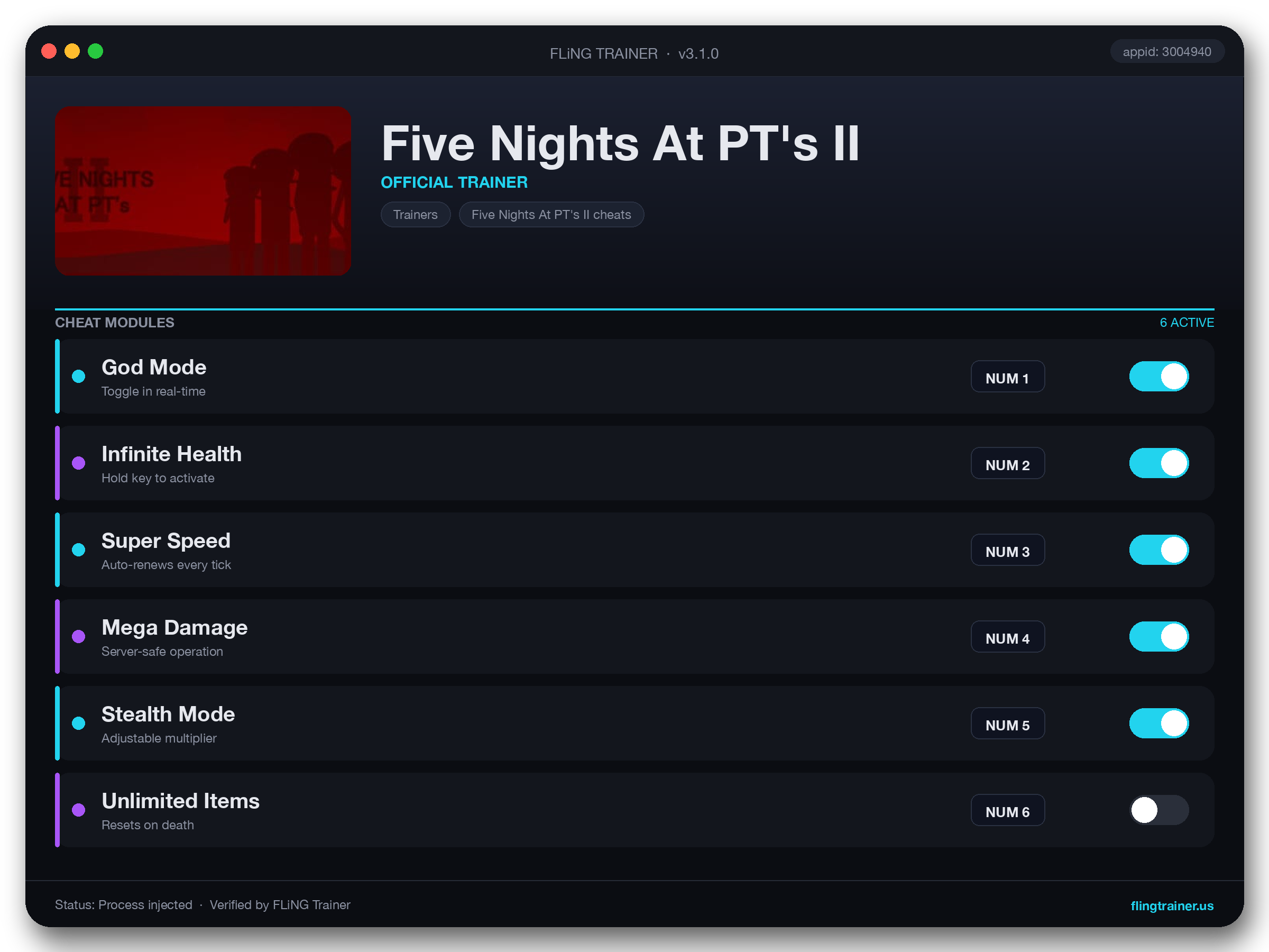 Five Nights At PT's II Trainer interface