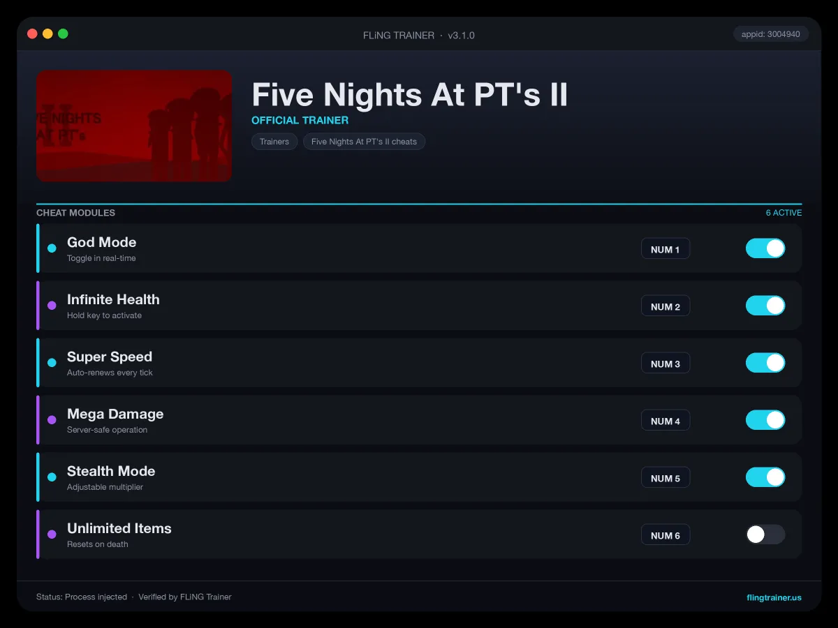 Five Nights At PT's II Trainer interface