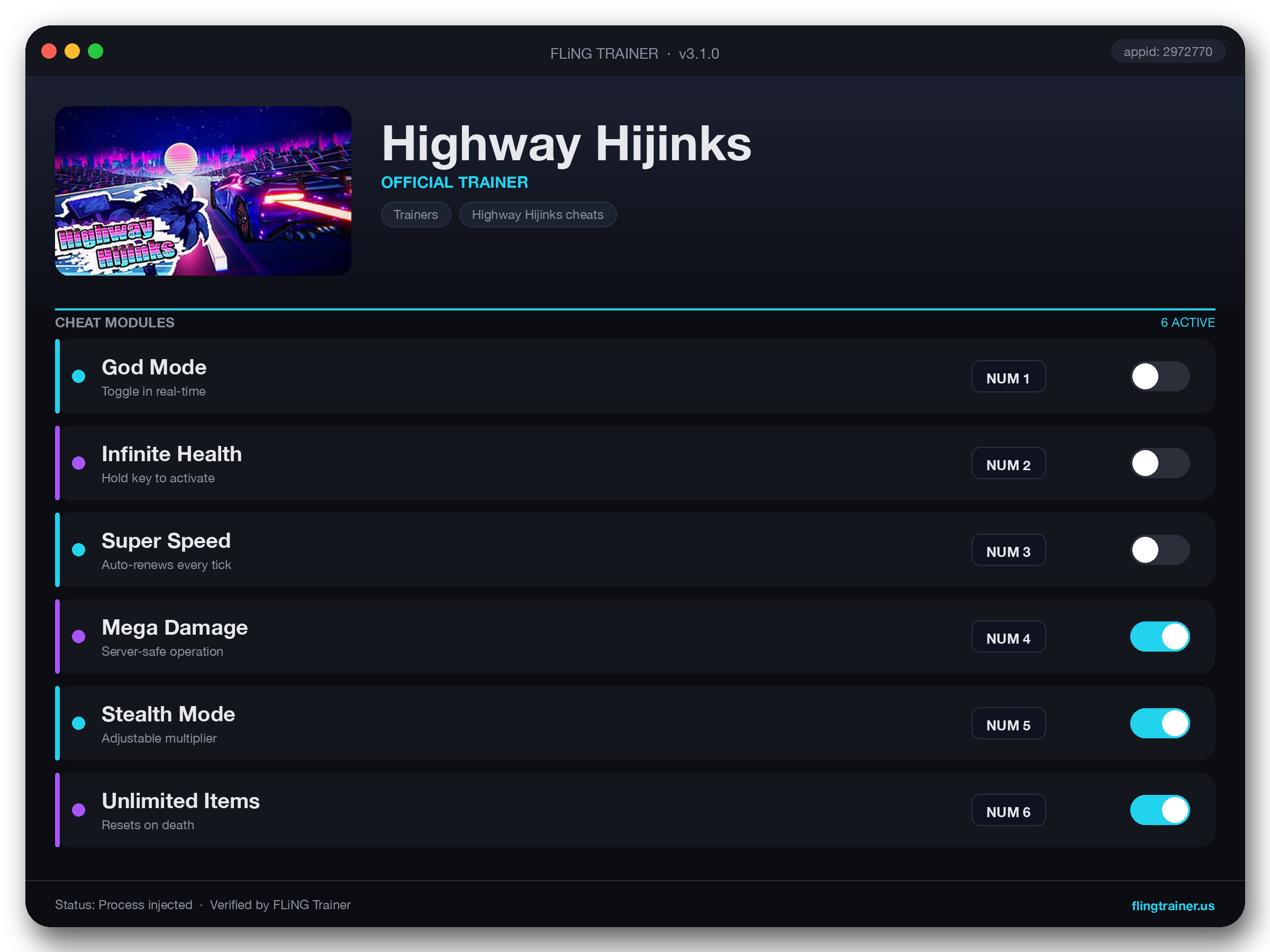 Highway Hijinks Trainer interface