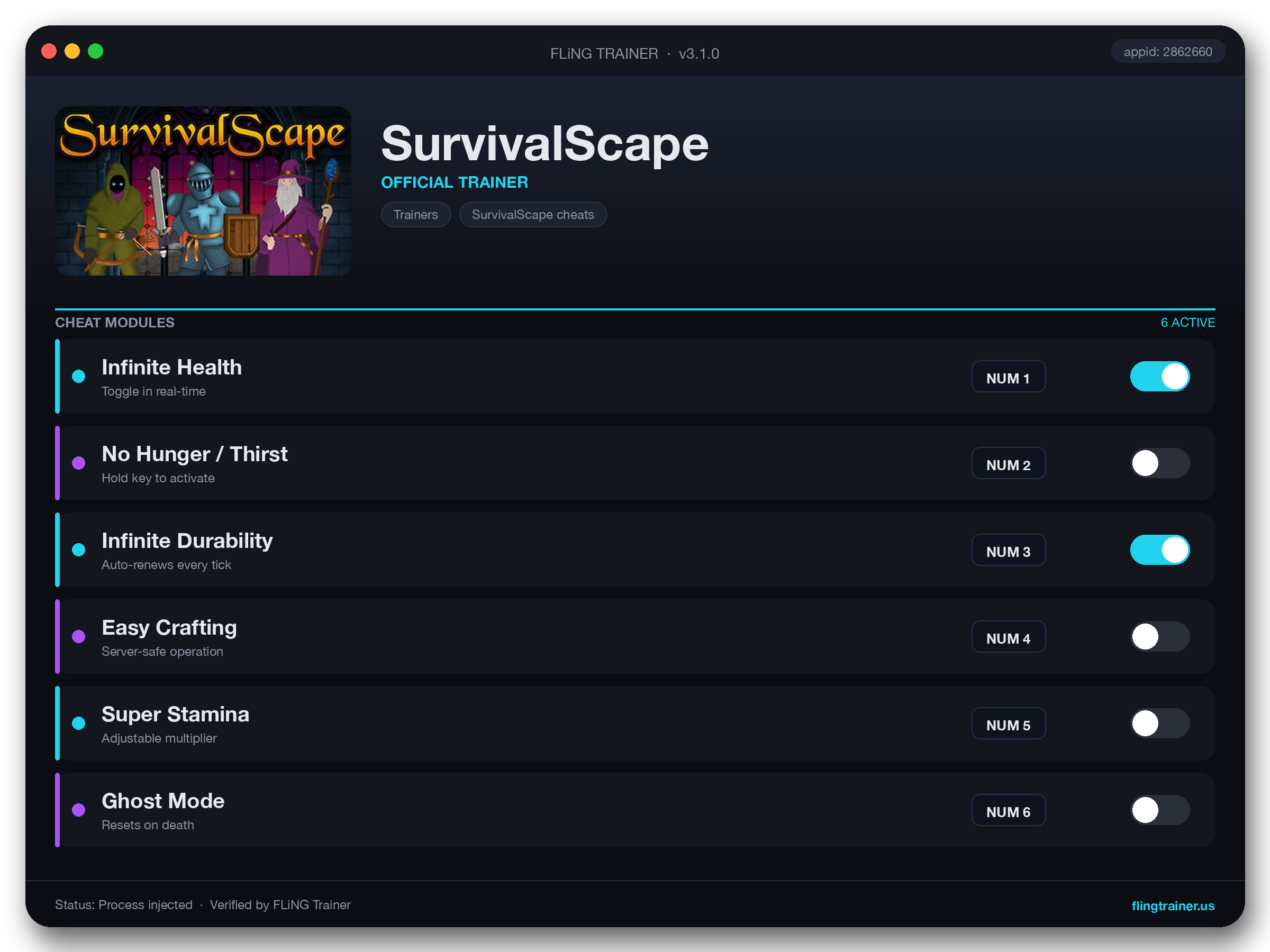 SurvivalScape Trainer interface
