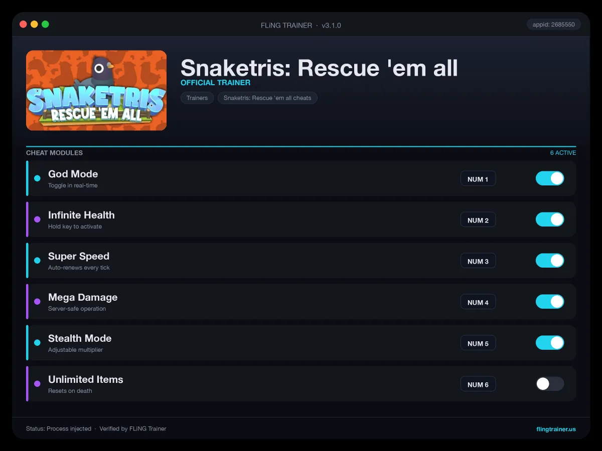 Snaketris: Rescue 'em all Trainer interface