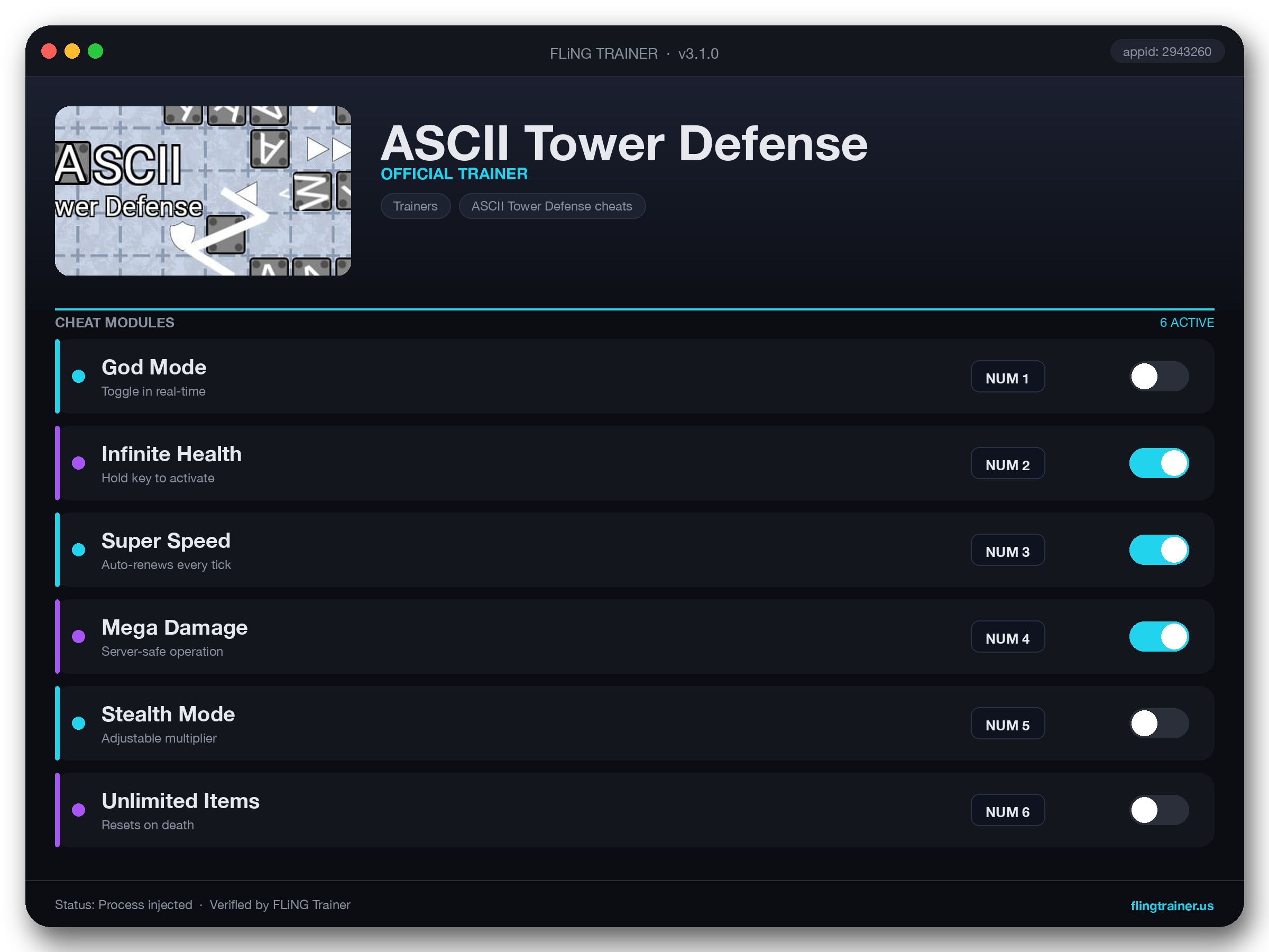 ASCII Tower Defense Trainer interface