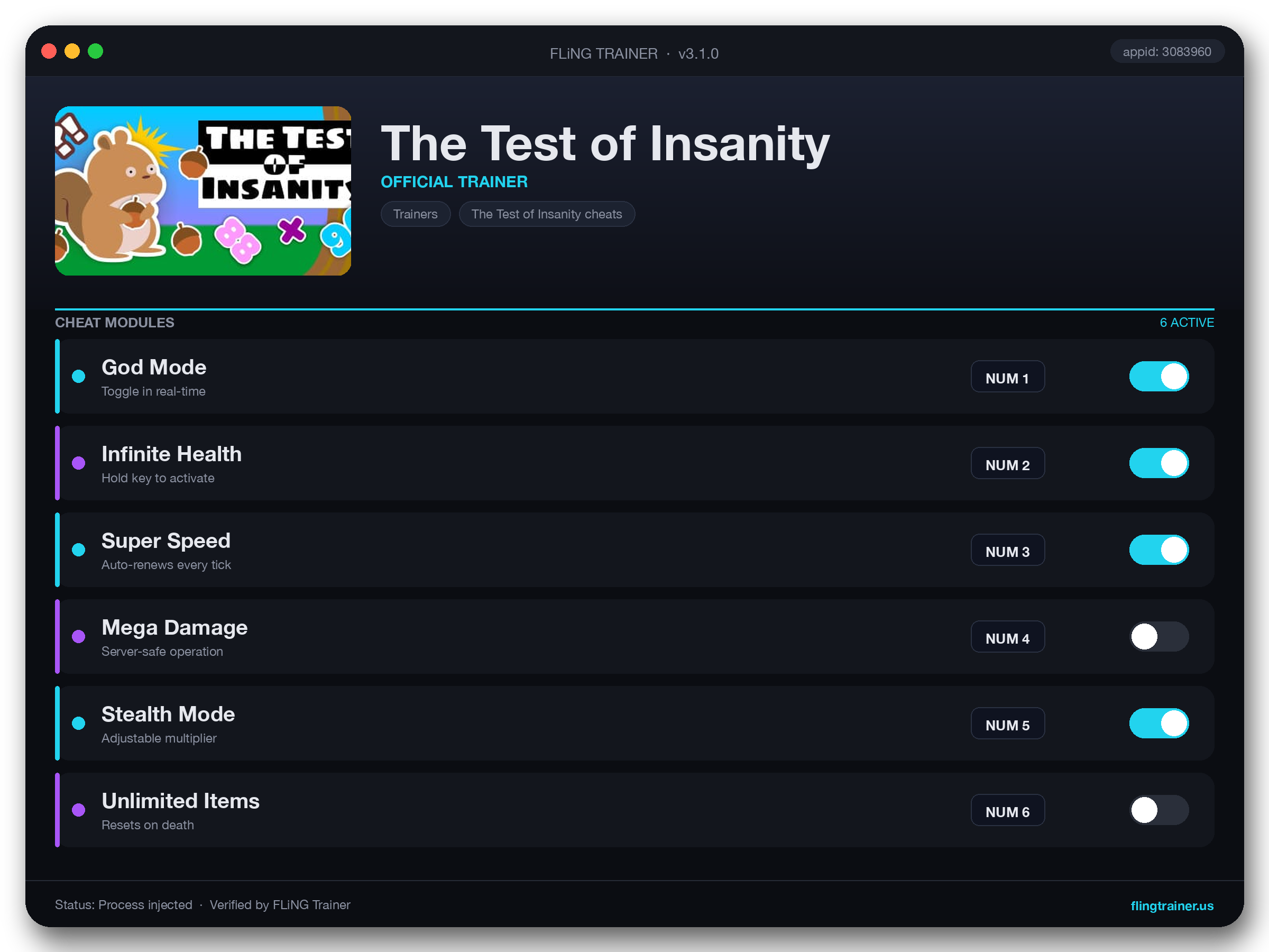 The Test of Insanity Trainer interface
