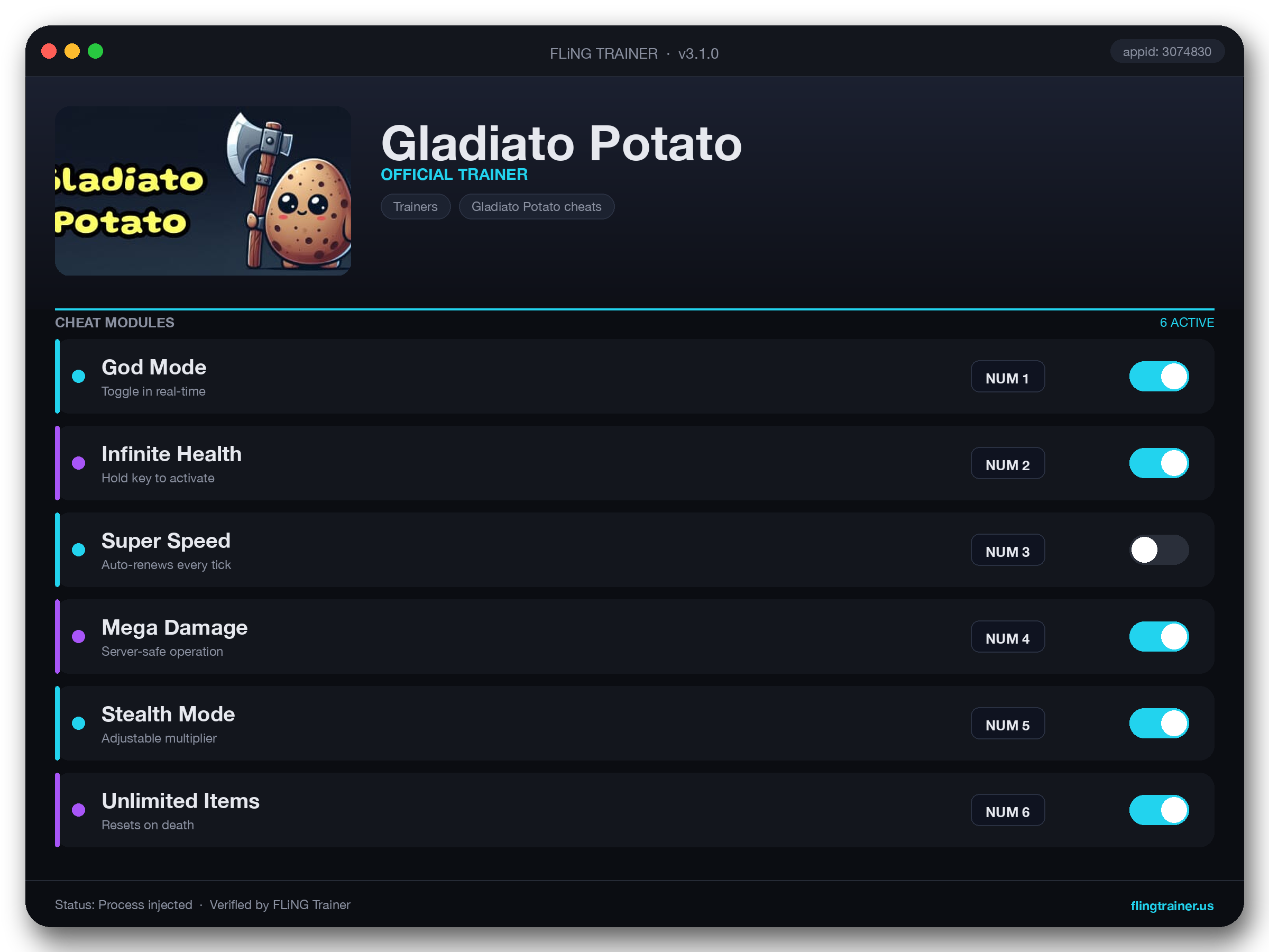 Gladiato Potato Trainer interface