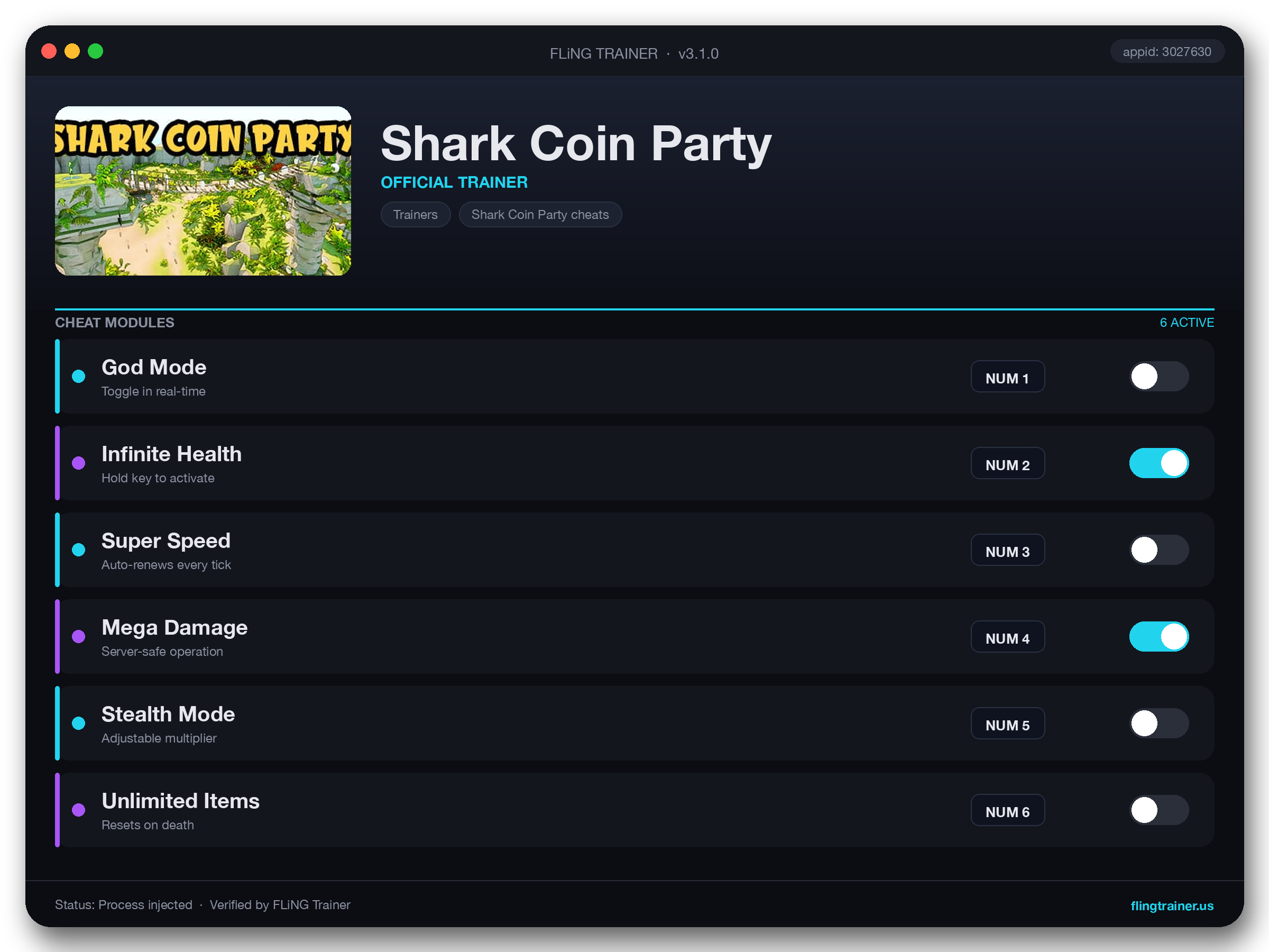 Shark Coin Party Trainer interface