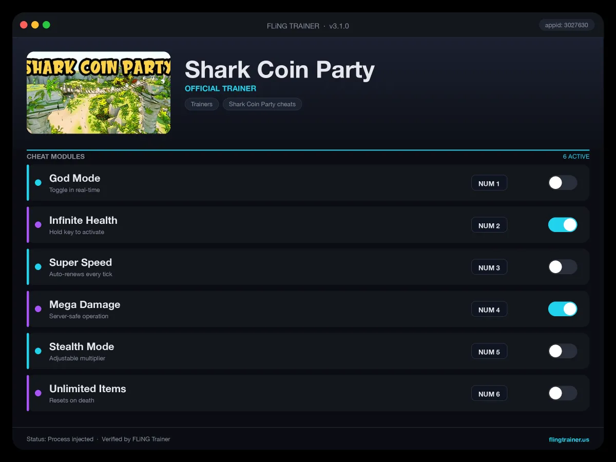Shark Coin Party Trainer interface
