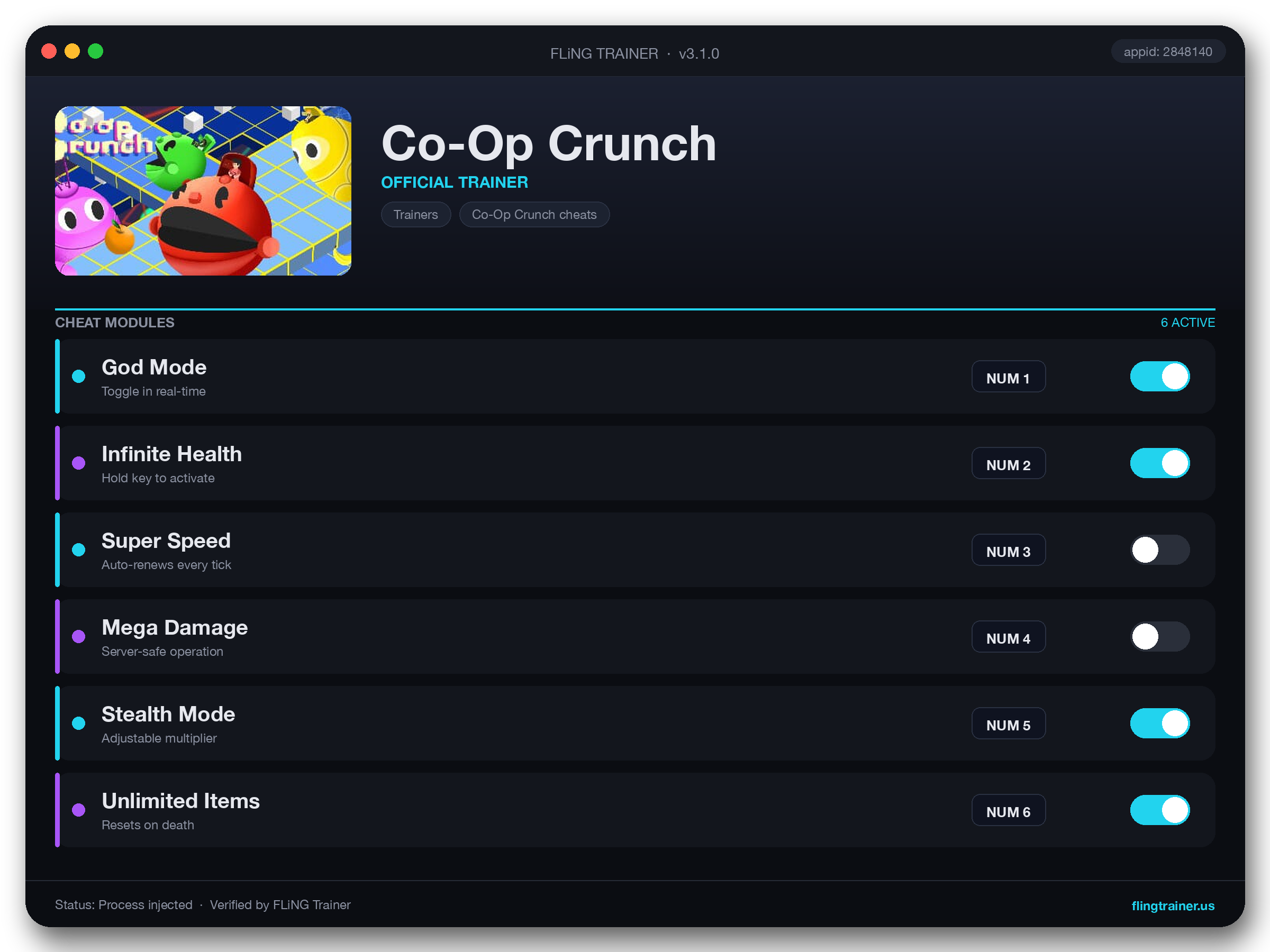 Co-Op Crunch Trainer interface
