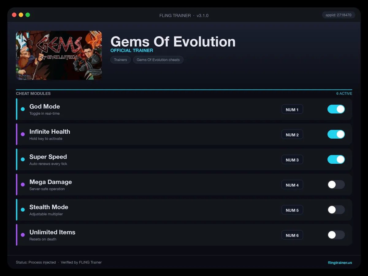 Gems Of Evolution Trainer interface