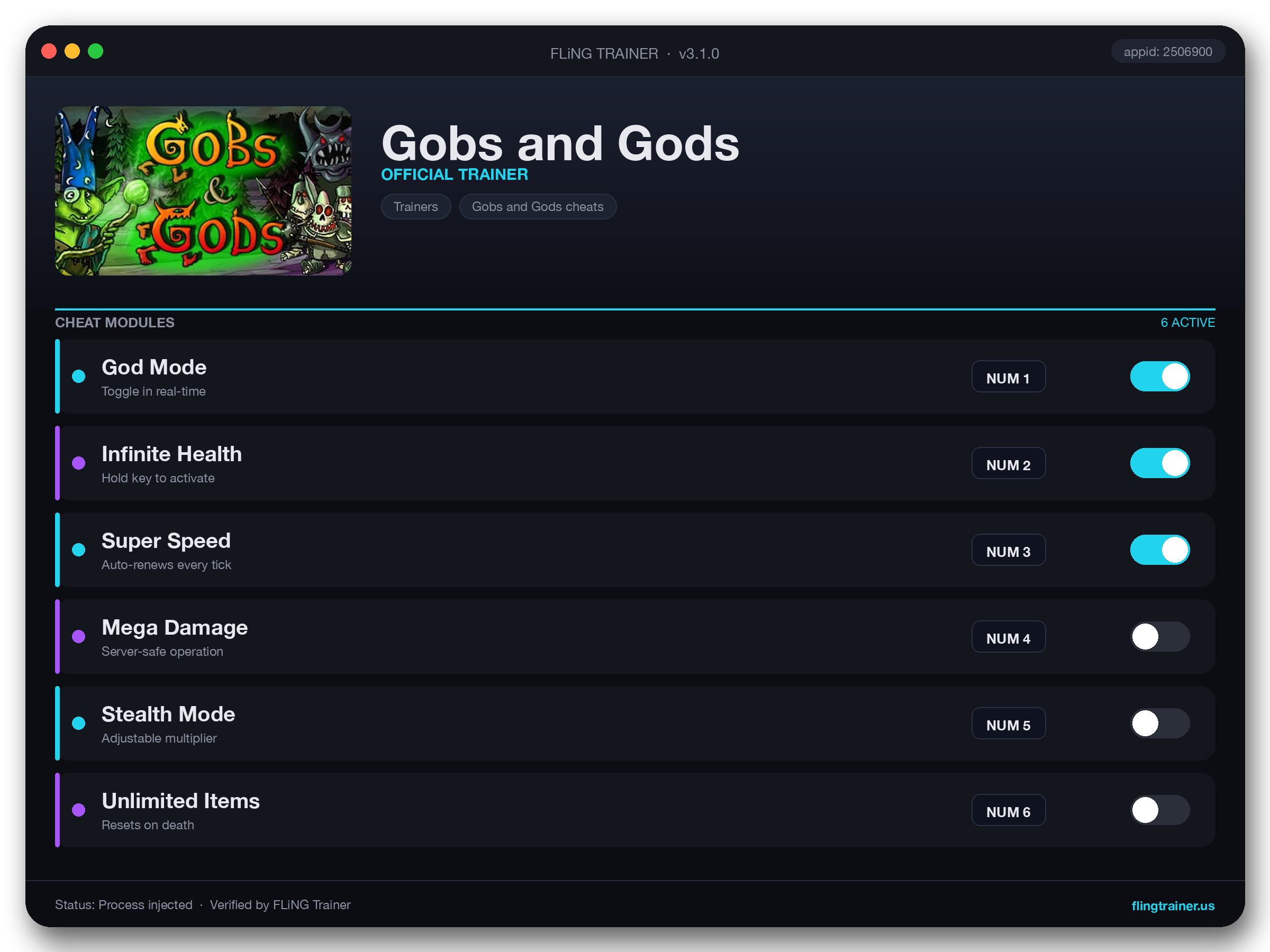 Gobs and Gods Trainer interface
