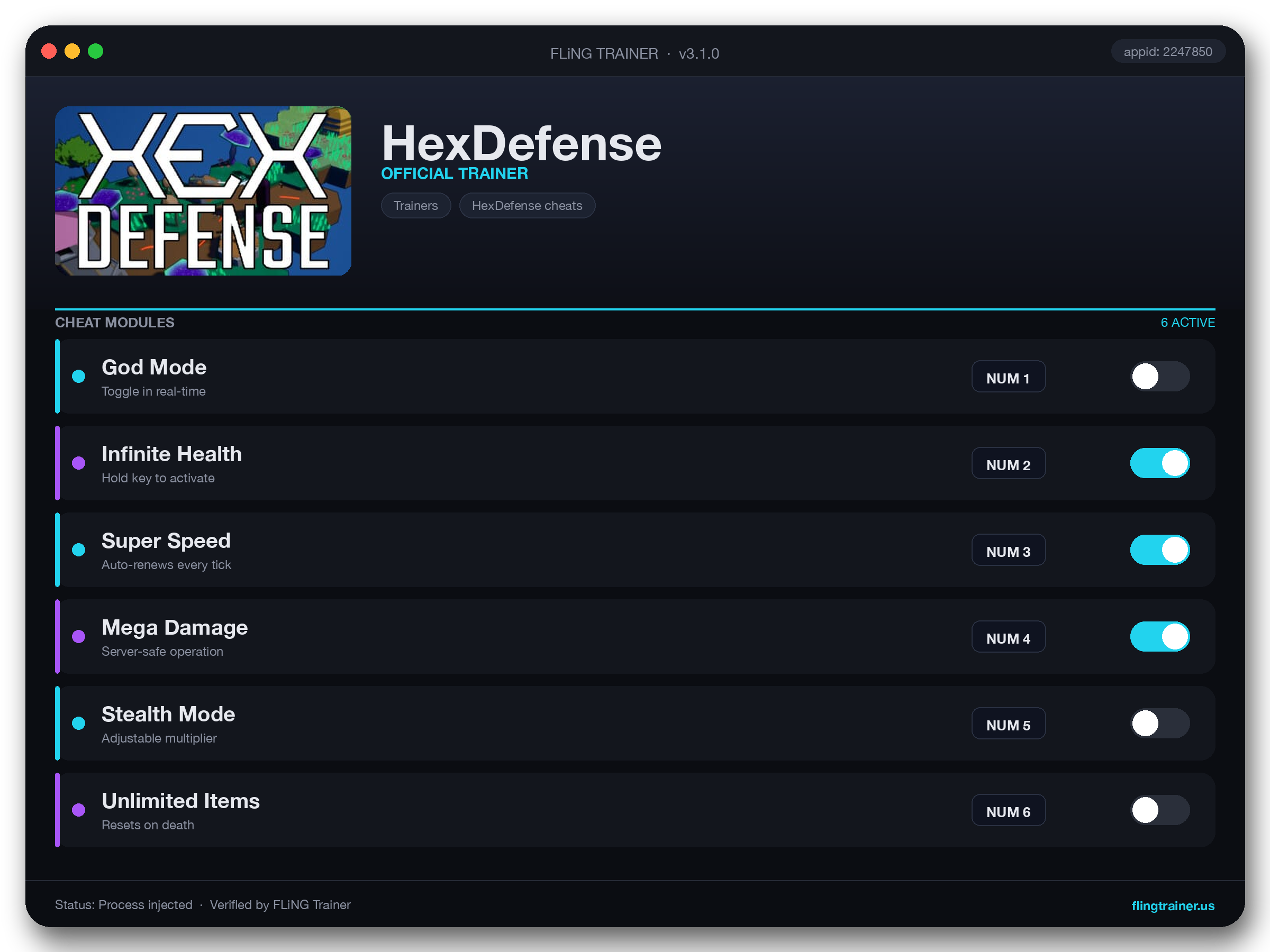 HexDefense Trainer interface