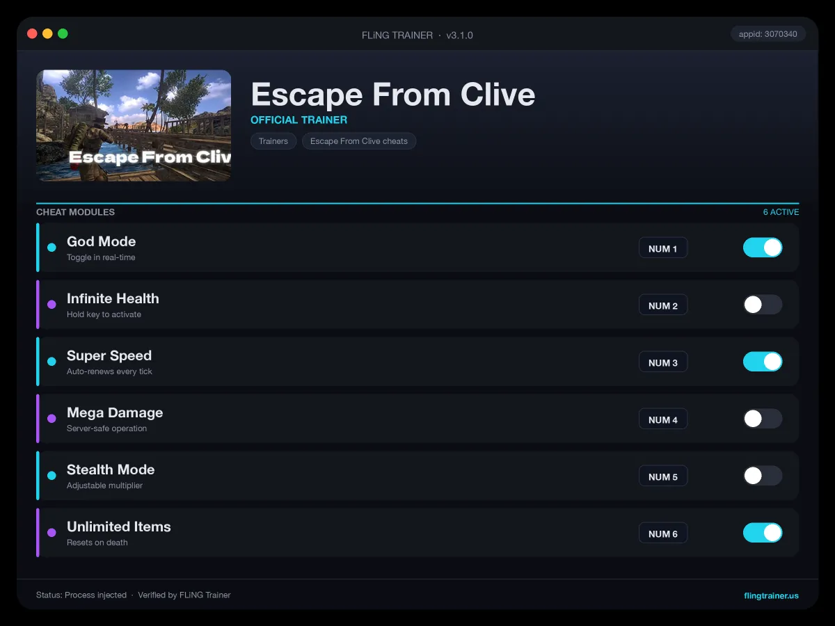 Escape From Clive Trainer interface