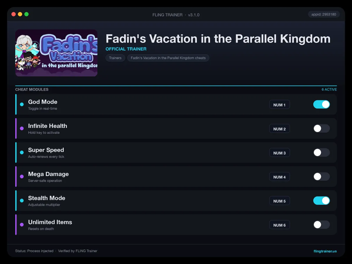 Fadin's Vacation in the Parallel Kingdom Trainer interface