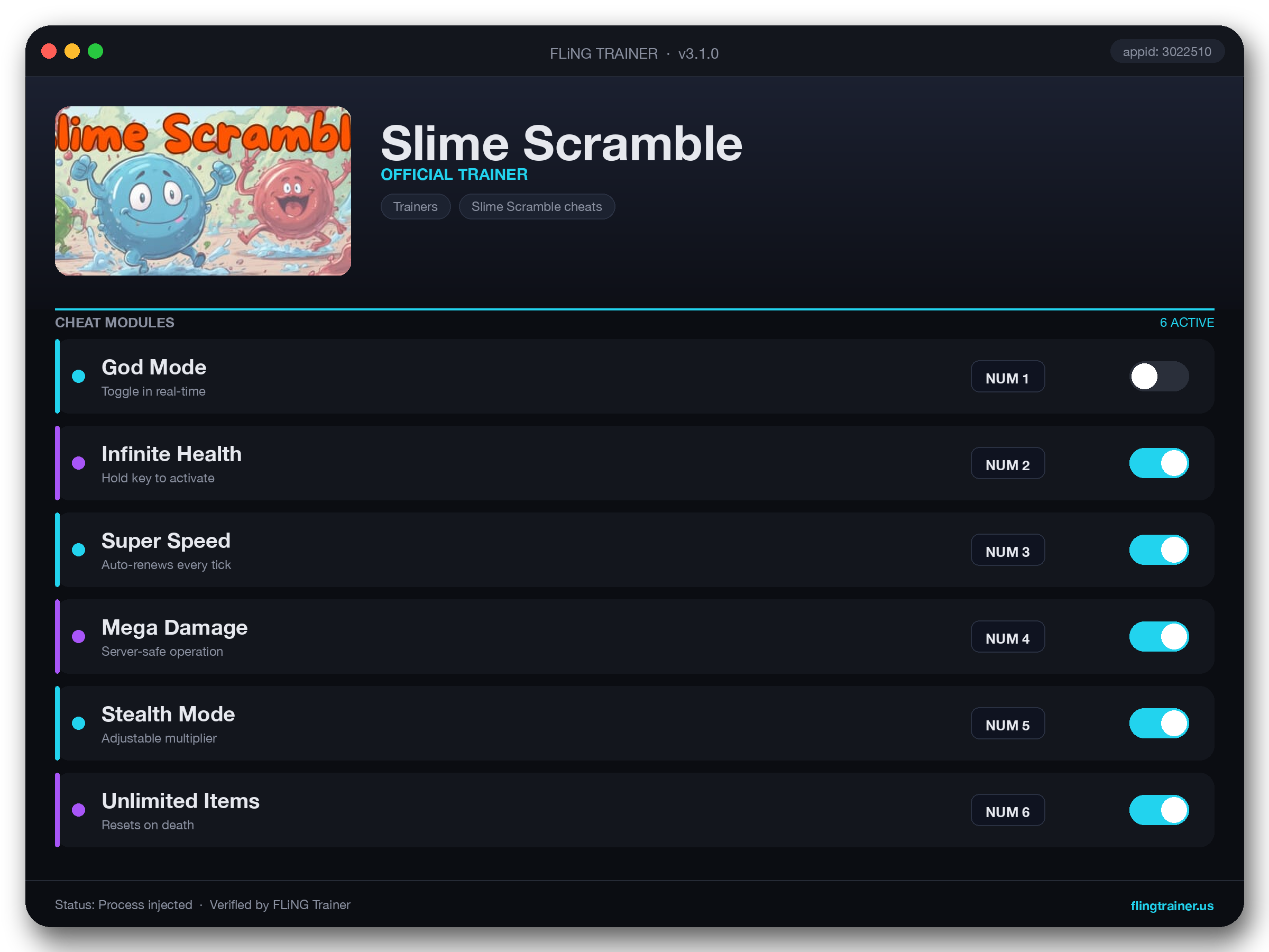 Slime Scramble Trainer interface
