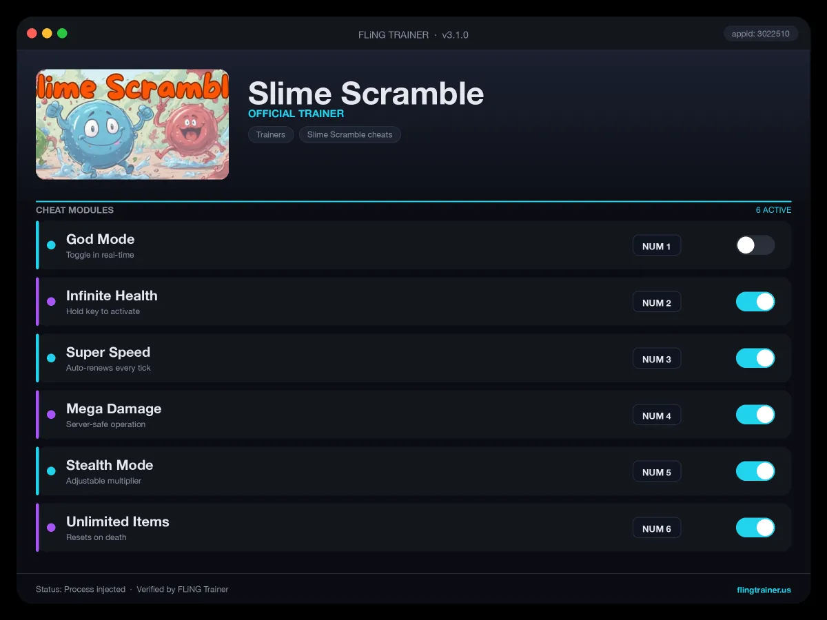 Slime Scramble Trainer interface