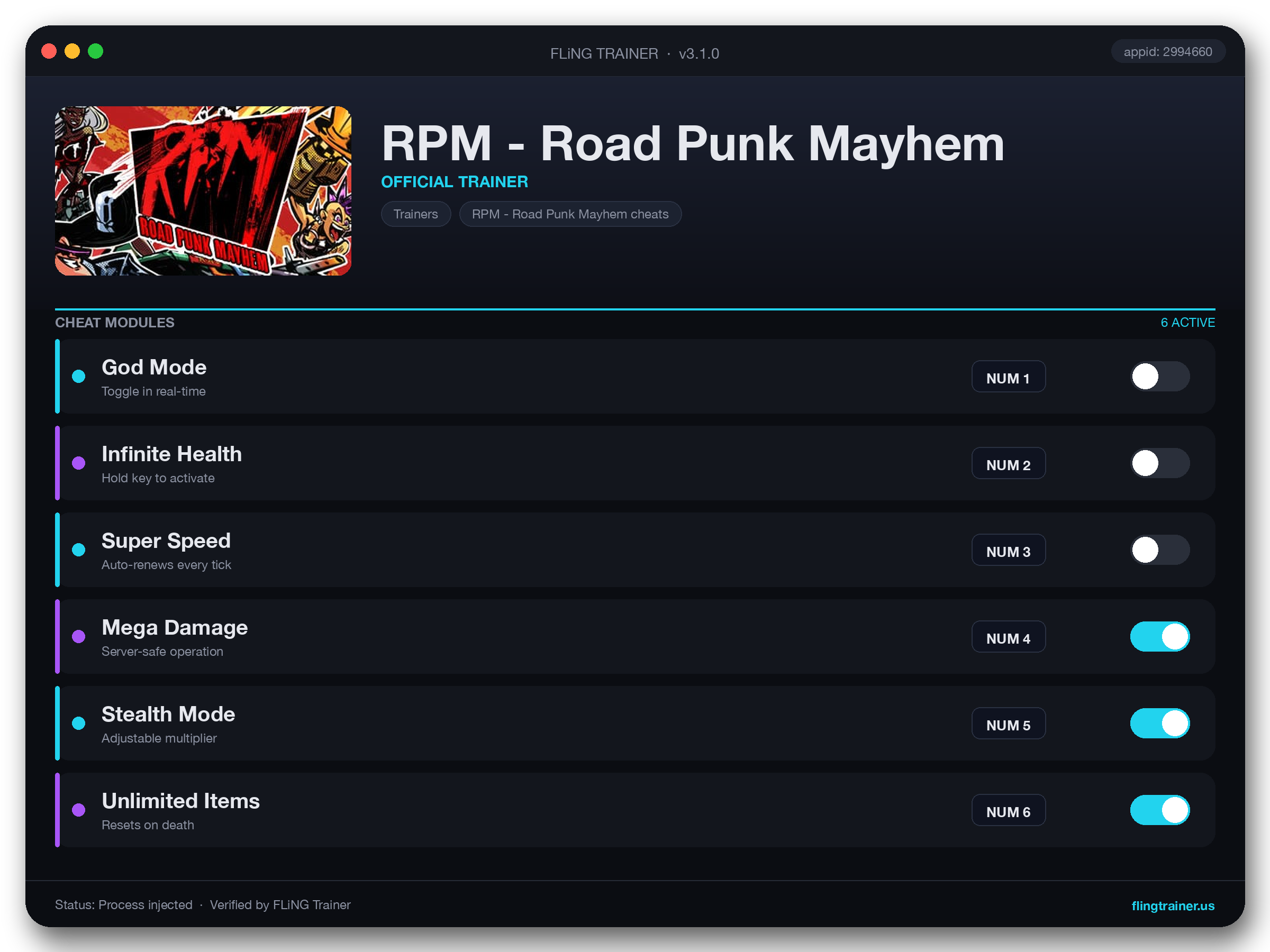RPM - Road Punk Mayhem Trainer interface