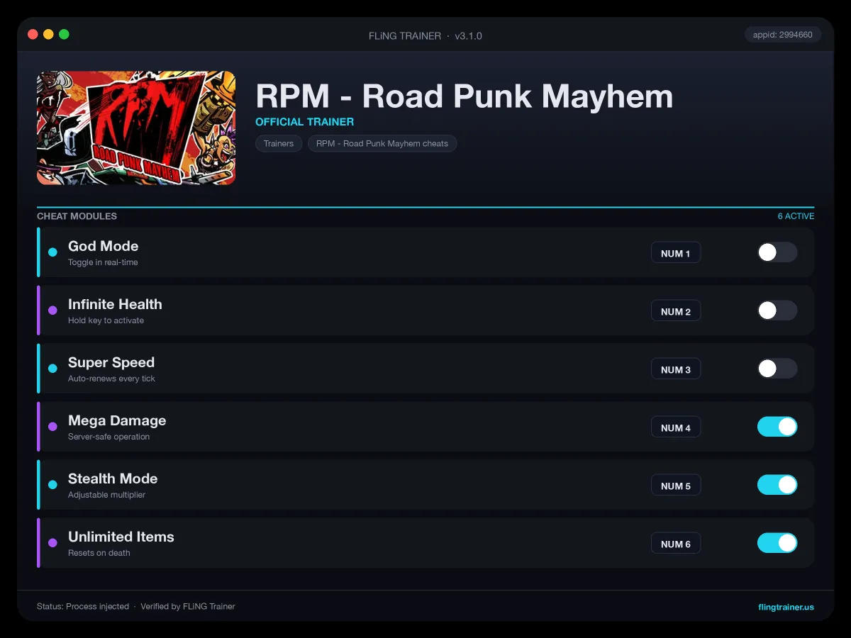 RPM - Road Punk Mayhem Trainer interface