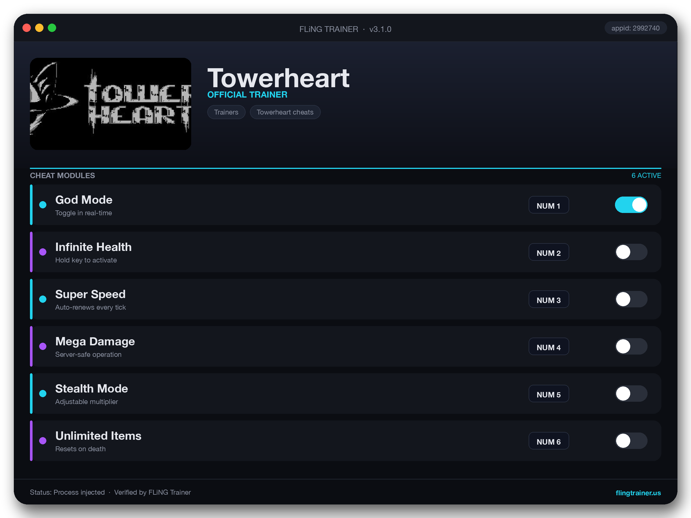 Towerheart Trainer interface