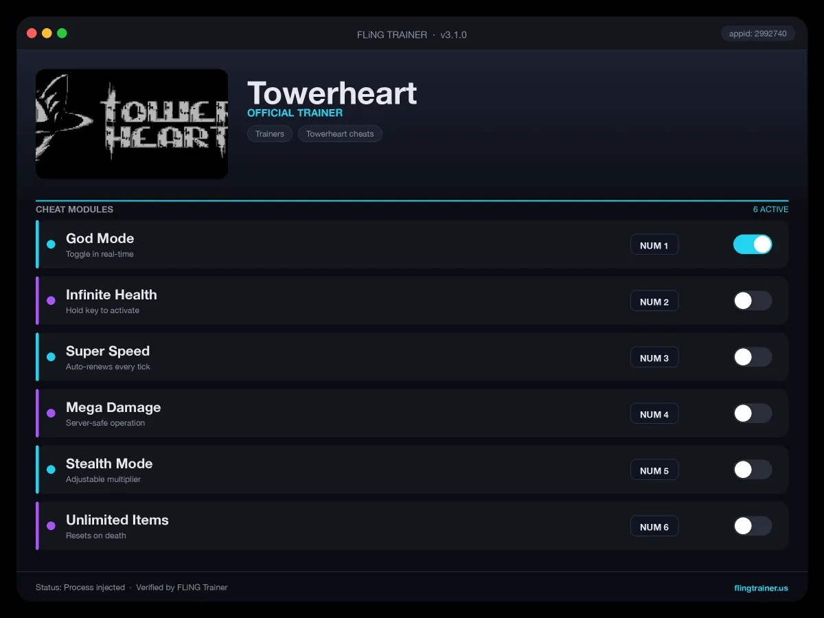 Towerheart Trainer interface